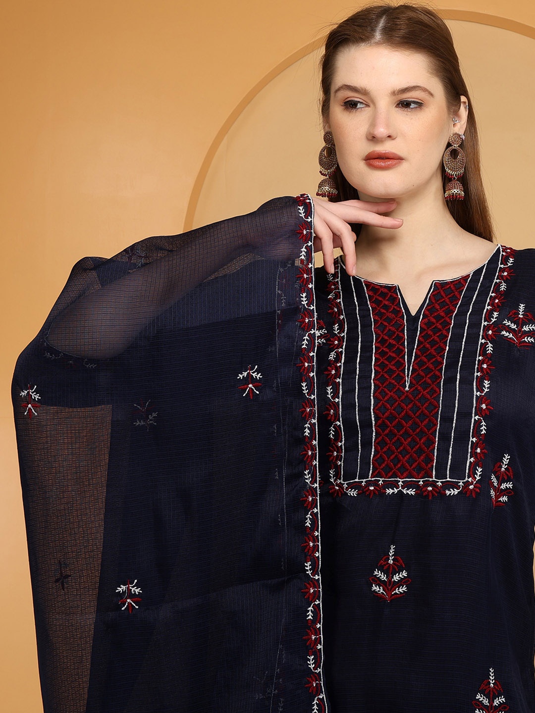 

Bahe Kurtiz Floral Embroidered Notch Neck Kurta With Trousers & Dupatta, Navy blue