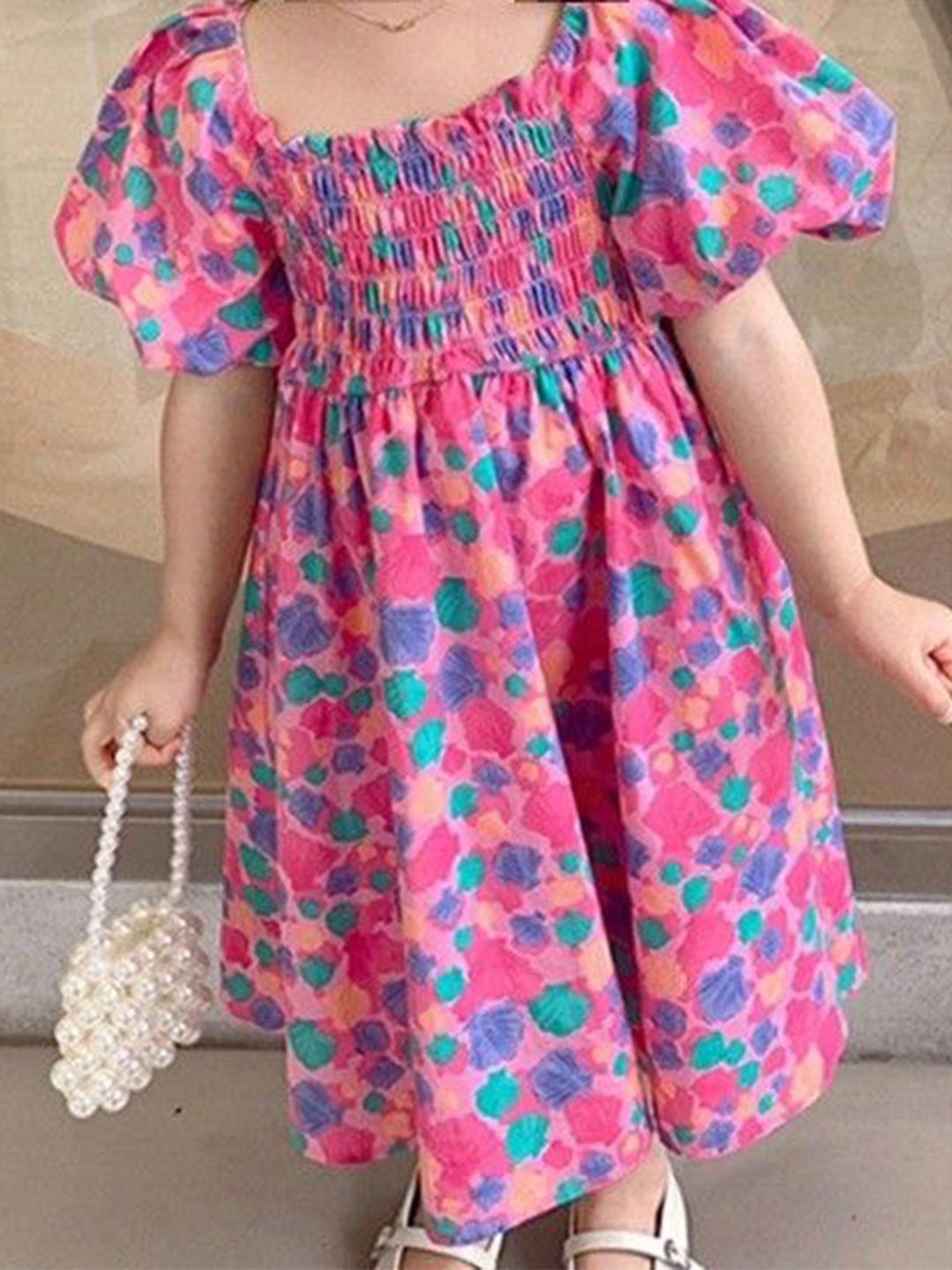 

StyleCast x Revolte Girls Print Puff Sleeve A-Line Midi Dress, Pink