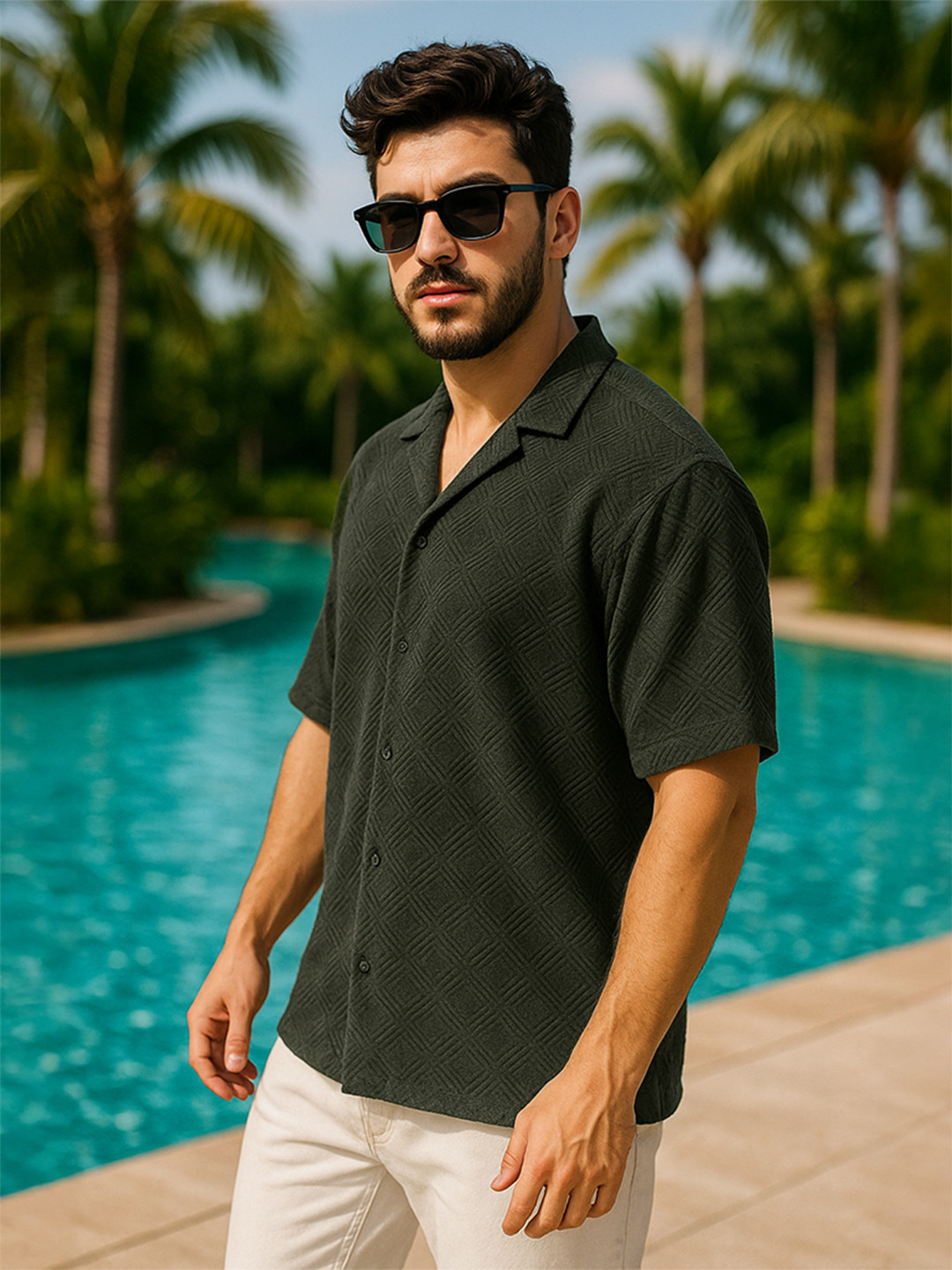 

VEIRDO Men Polo Collar Oversized Jacquard Shirt, Olive