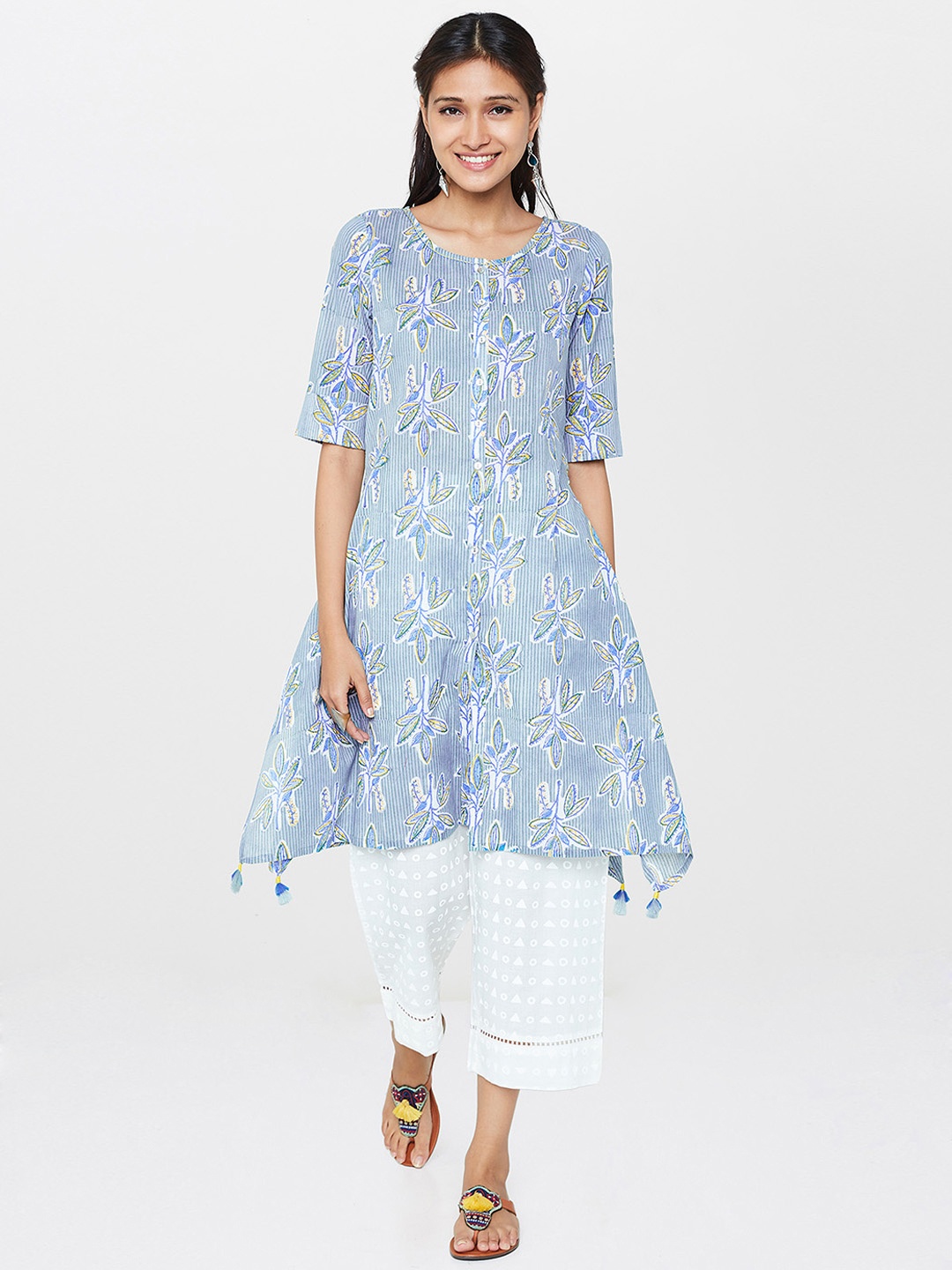 

Global Desi Grey & Blue Printed Tunic
