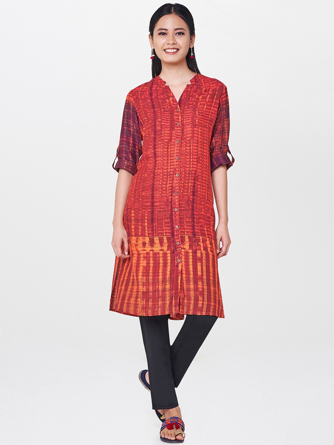 

Global Desi Women Orange & Red Printed A-Line Kurta