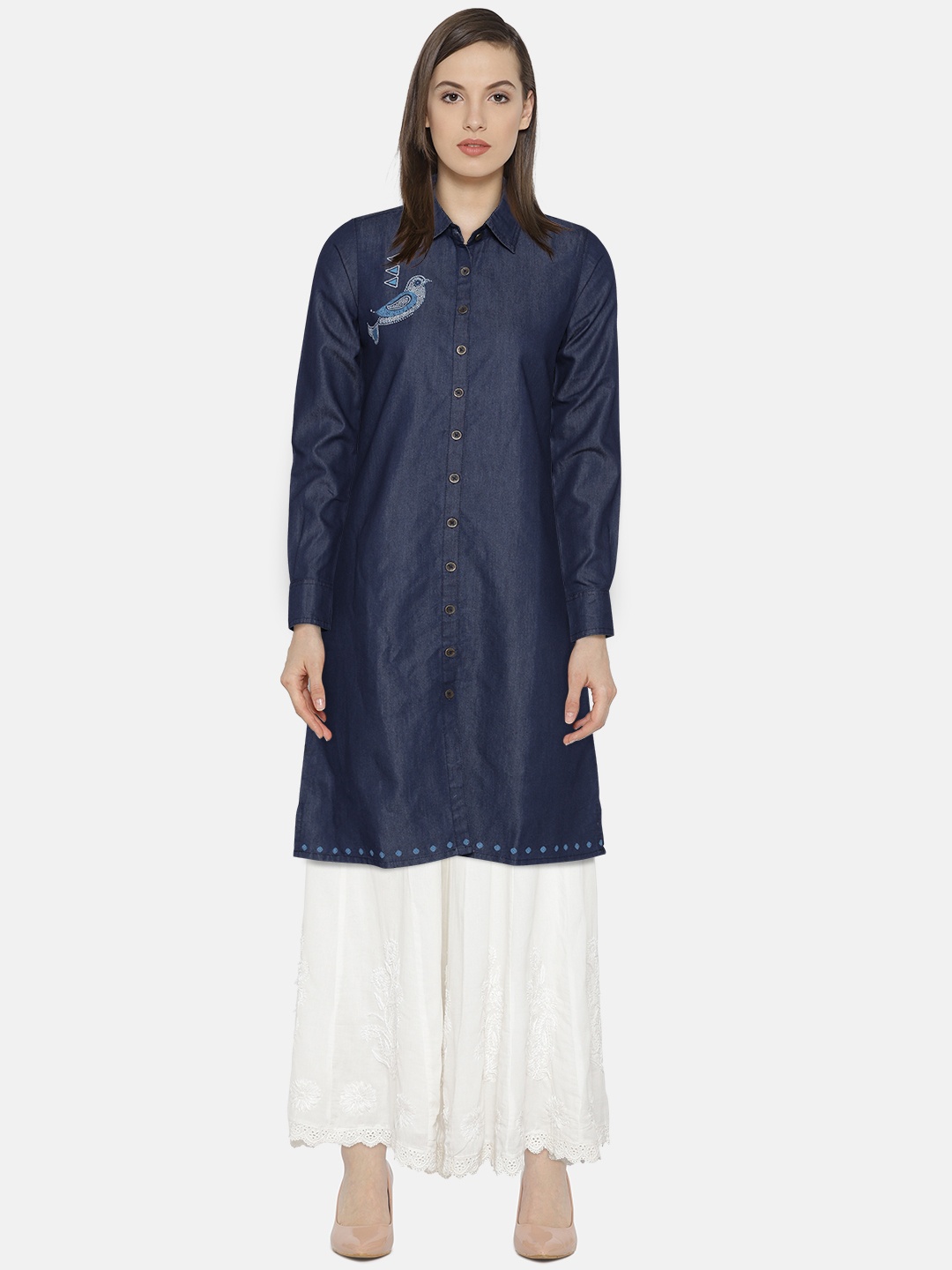 

Global Desi Women Blue Solid Chambray Tunic