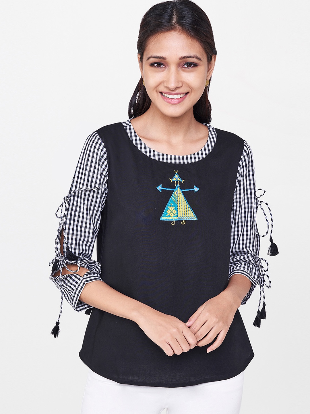 

Global Desi Women Black Checked Pure Cotton Top