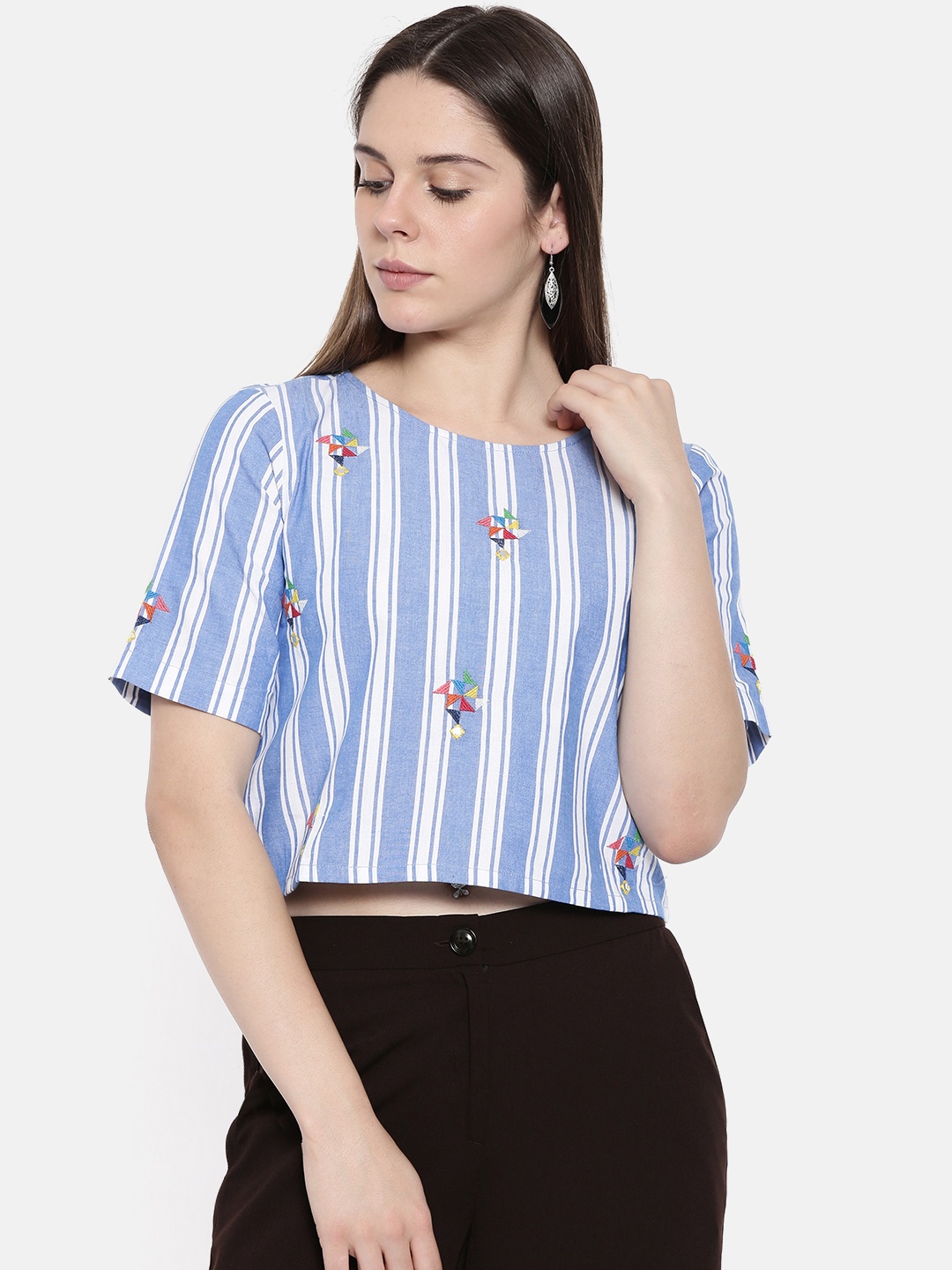 

Global Desi Women Blue & White Striped Crop Pure Cotton Top