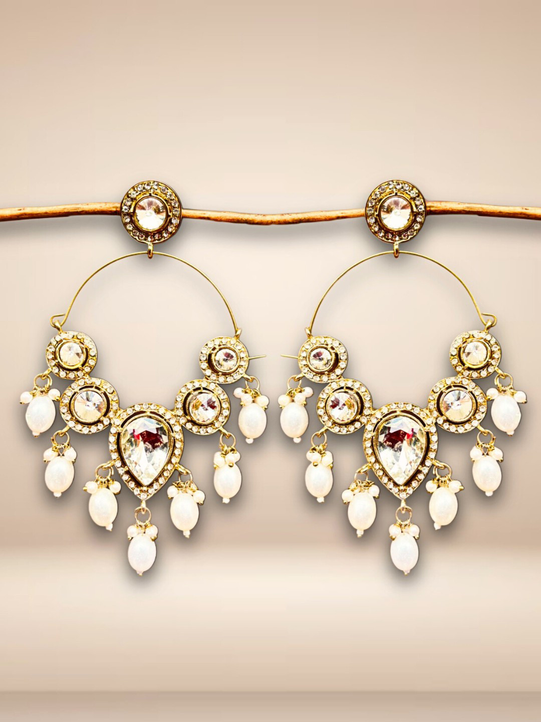 UnfoldSelf Gold-Plated Kundan Studded & Pearls Beaded Teardrop Shaped Chandbalis