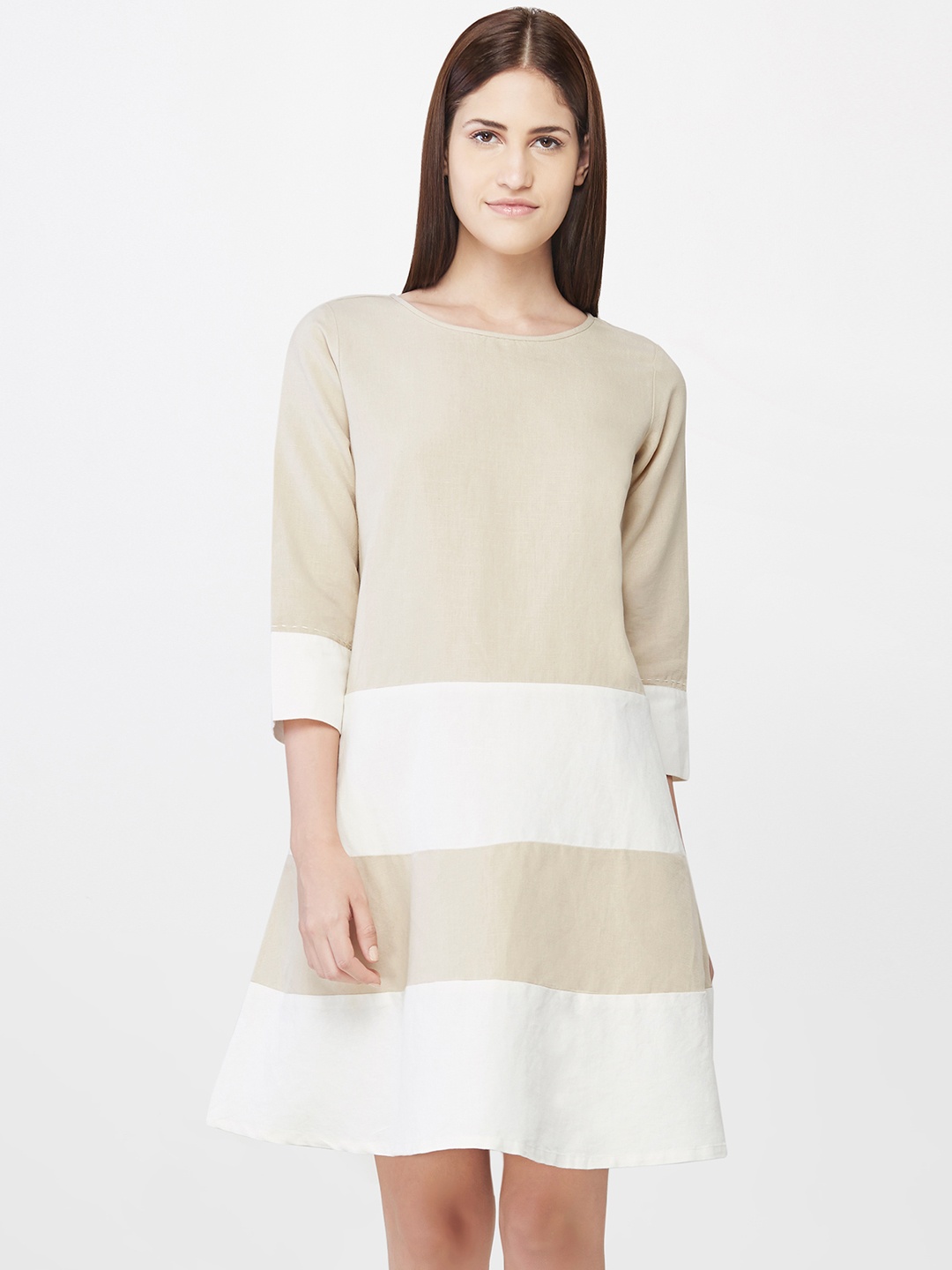 

AND Women Beige & Off-White Striped A-Line Dress