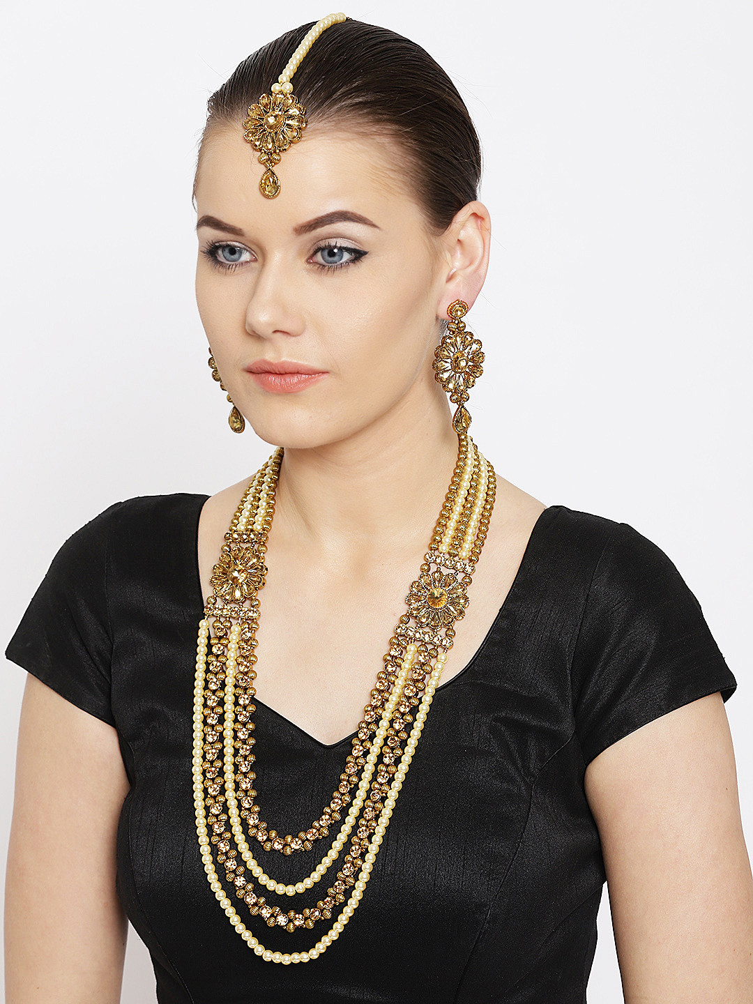 

Priyaasi Off-White & Antique Gold-Toned Beaded Layered Jewellery Set