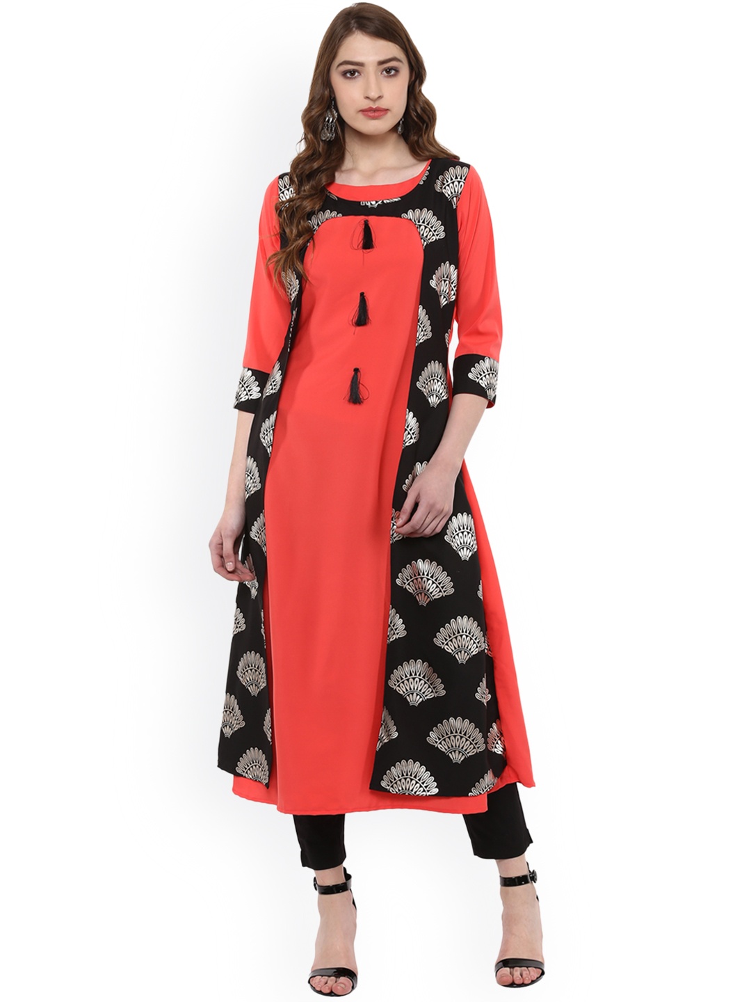 

ZIYAA Women Peach-Coloured & Black Solid A-Line Kurta