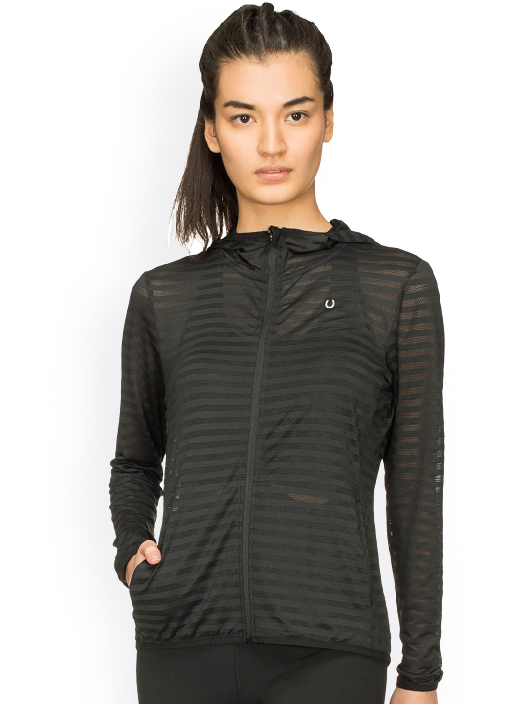 

Fitkin Women Black Self Design Sheer Lightweight Sporty Jacket