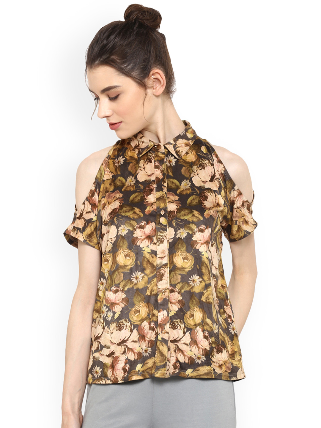 

Kazo Women Brown Classic Regular Fit Printed Casual Shirt Style Top