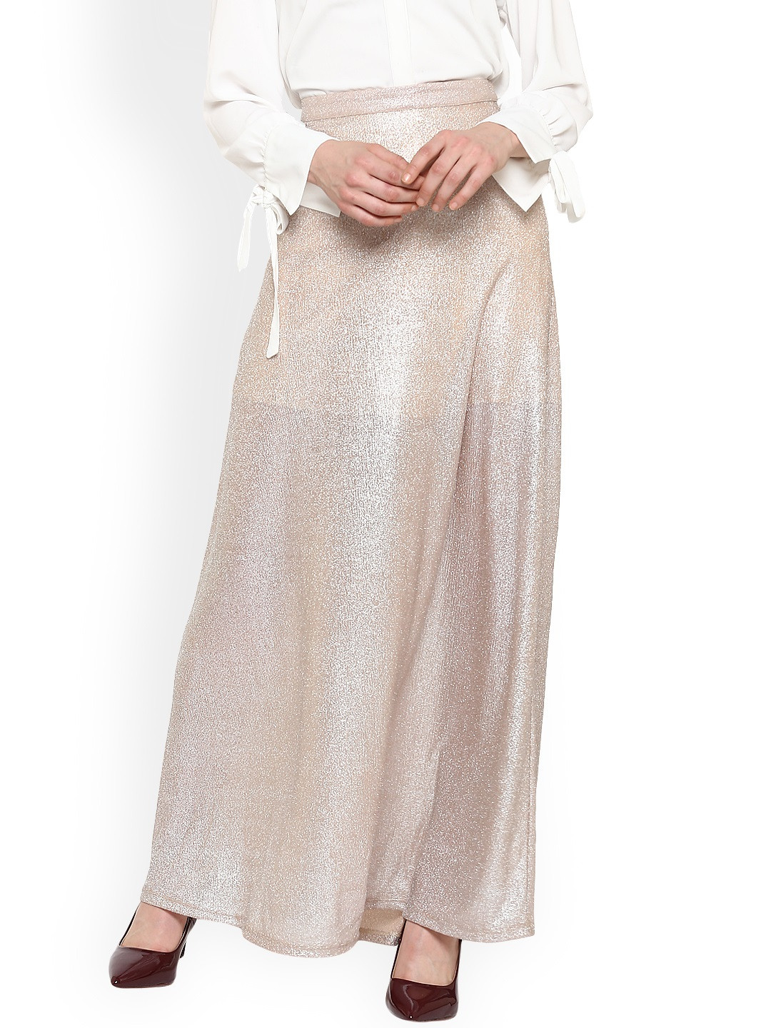 

Kazo Beige Solid Flared Maxi Skirt