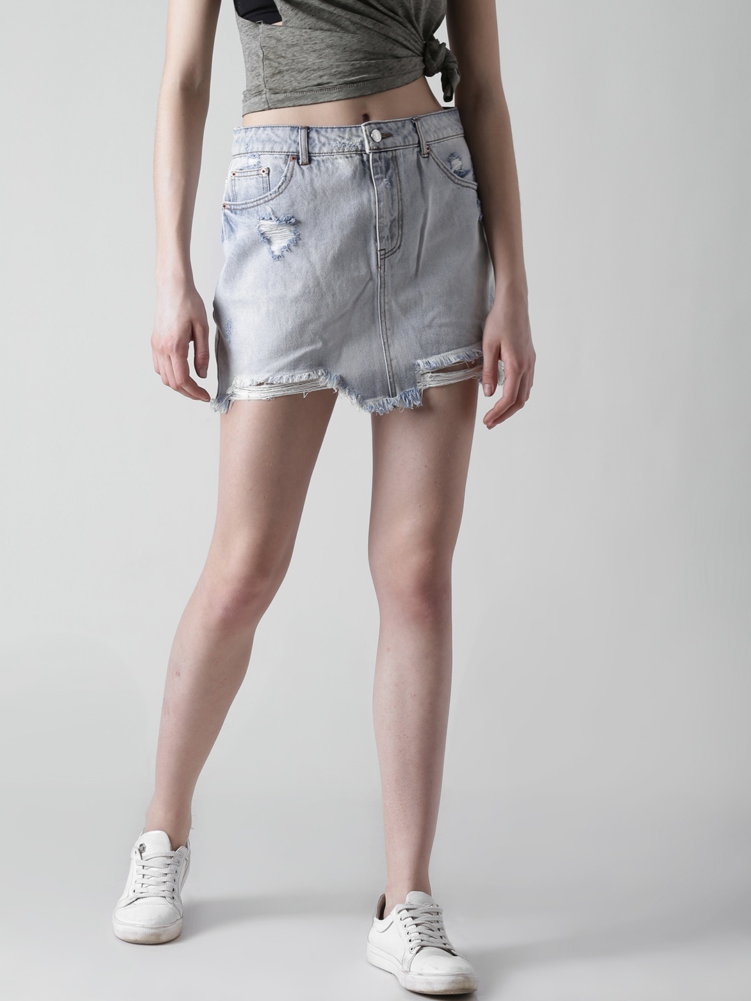 

FOREVER 21 Women Blue Washed & Distressed Mini Denim Pure Cotton Skirt