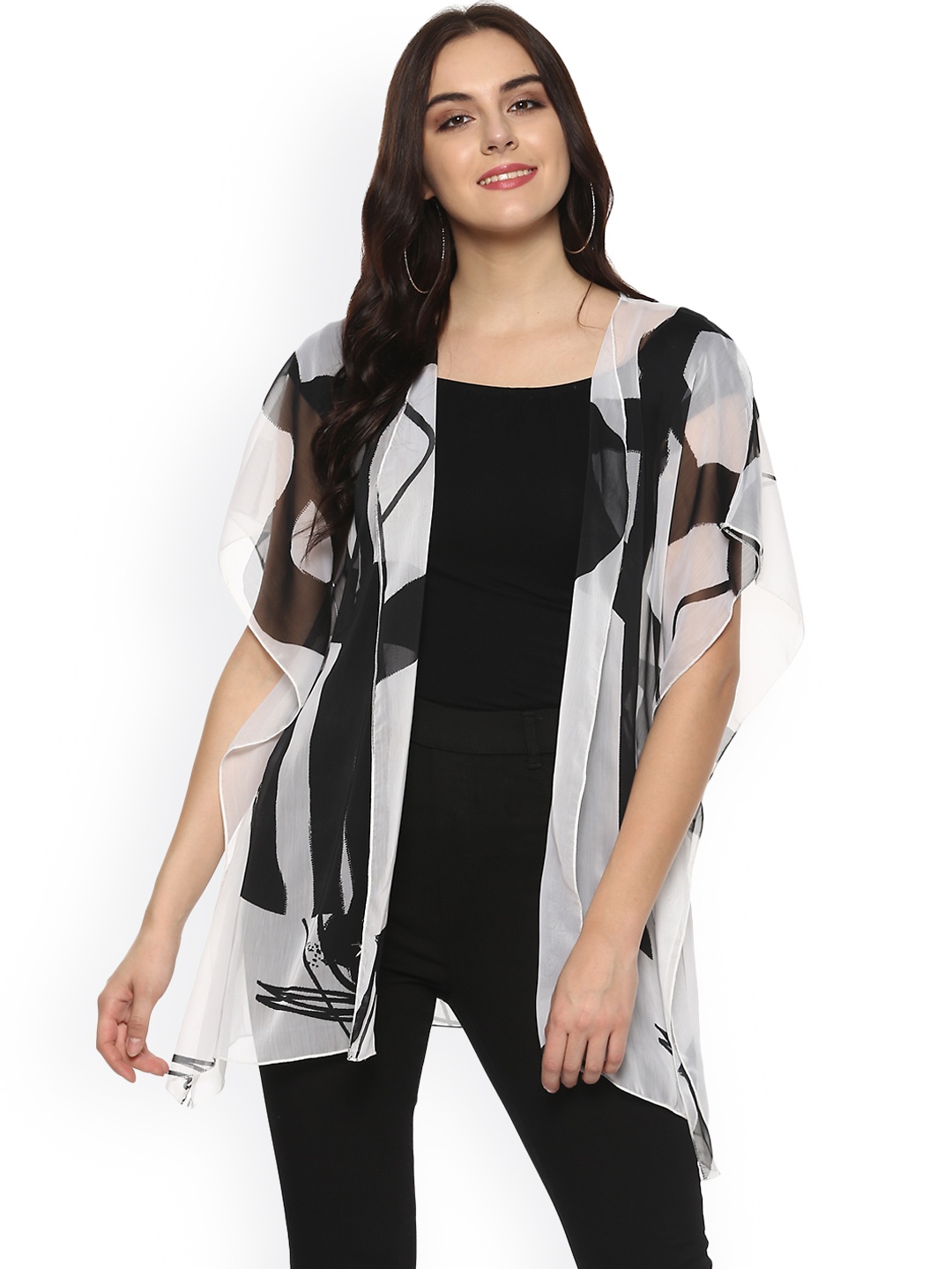 

StyleStone White & Black Printed Open Front Shrug