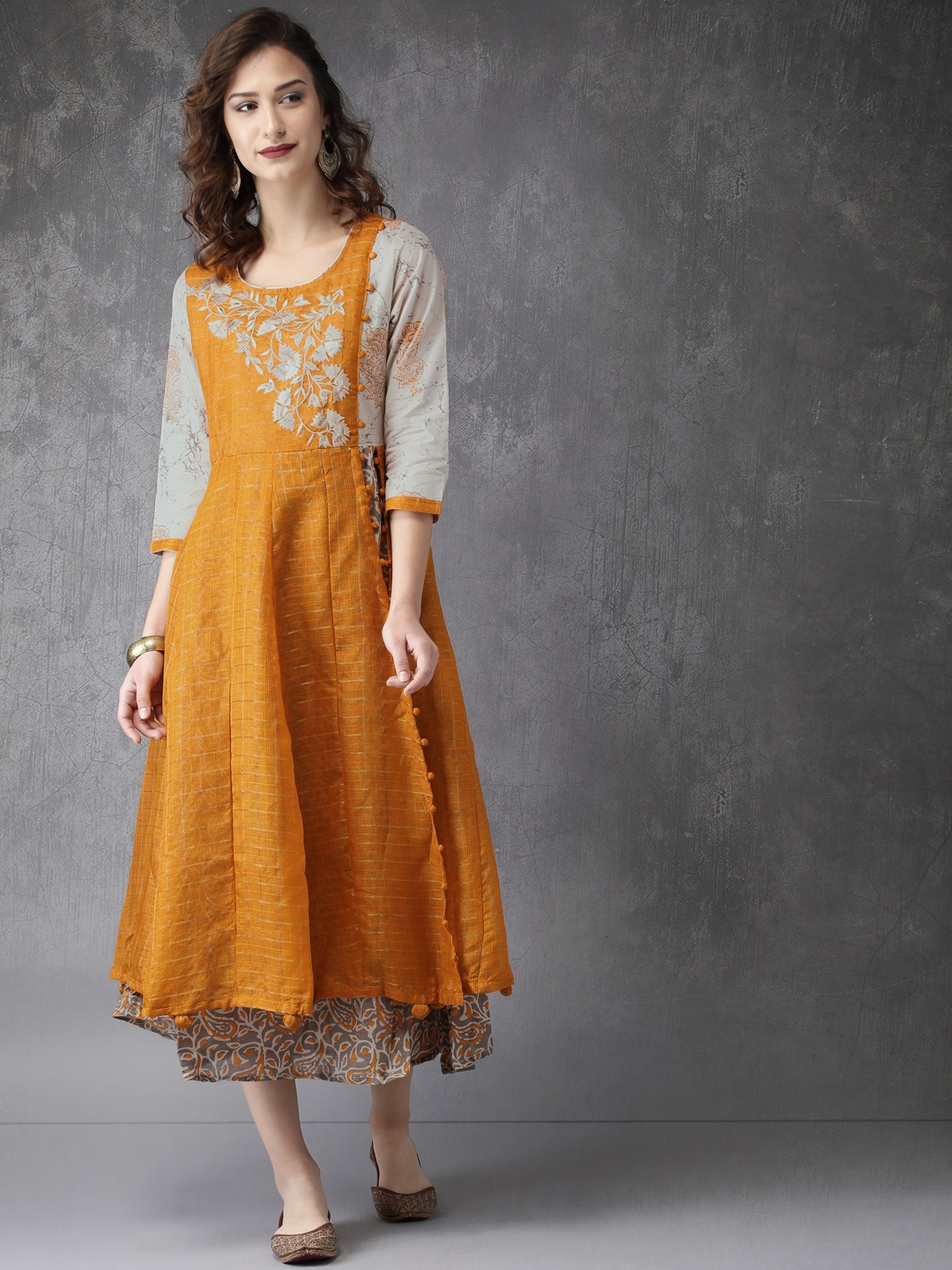 

Anouk Women Mustard Yellow & Beige Floral Embroidered Checked Anarkali Layered Kurta