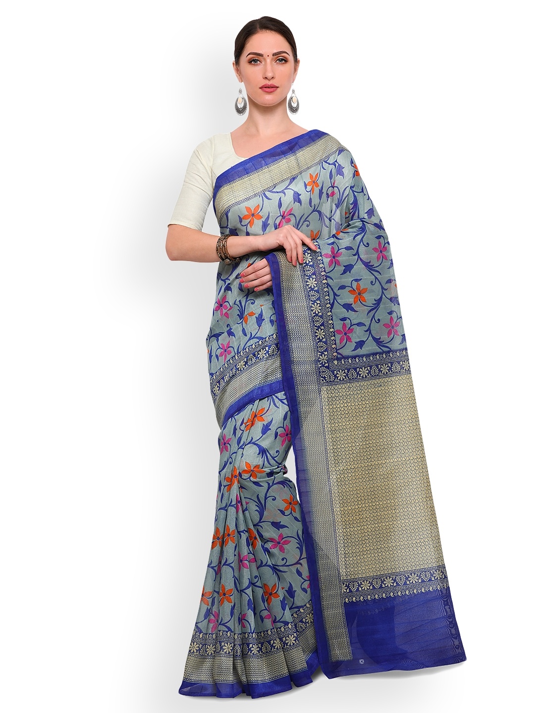 

Satrani Grey & Blue Poly Silk Printed Bhagalpuri Saree