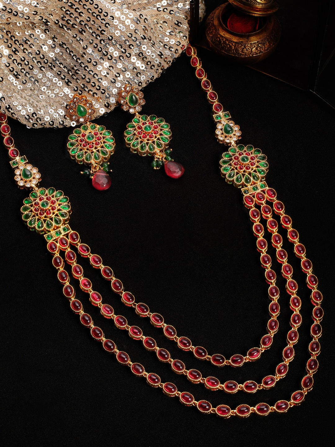 

Rubans Gold-Plated Red & Green Faux Ruby & Emerald Jewellery Set