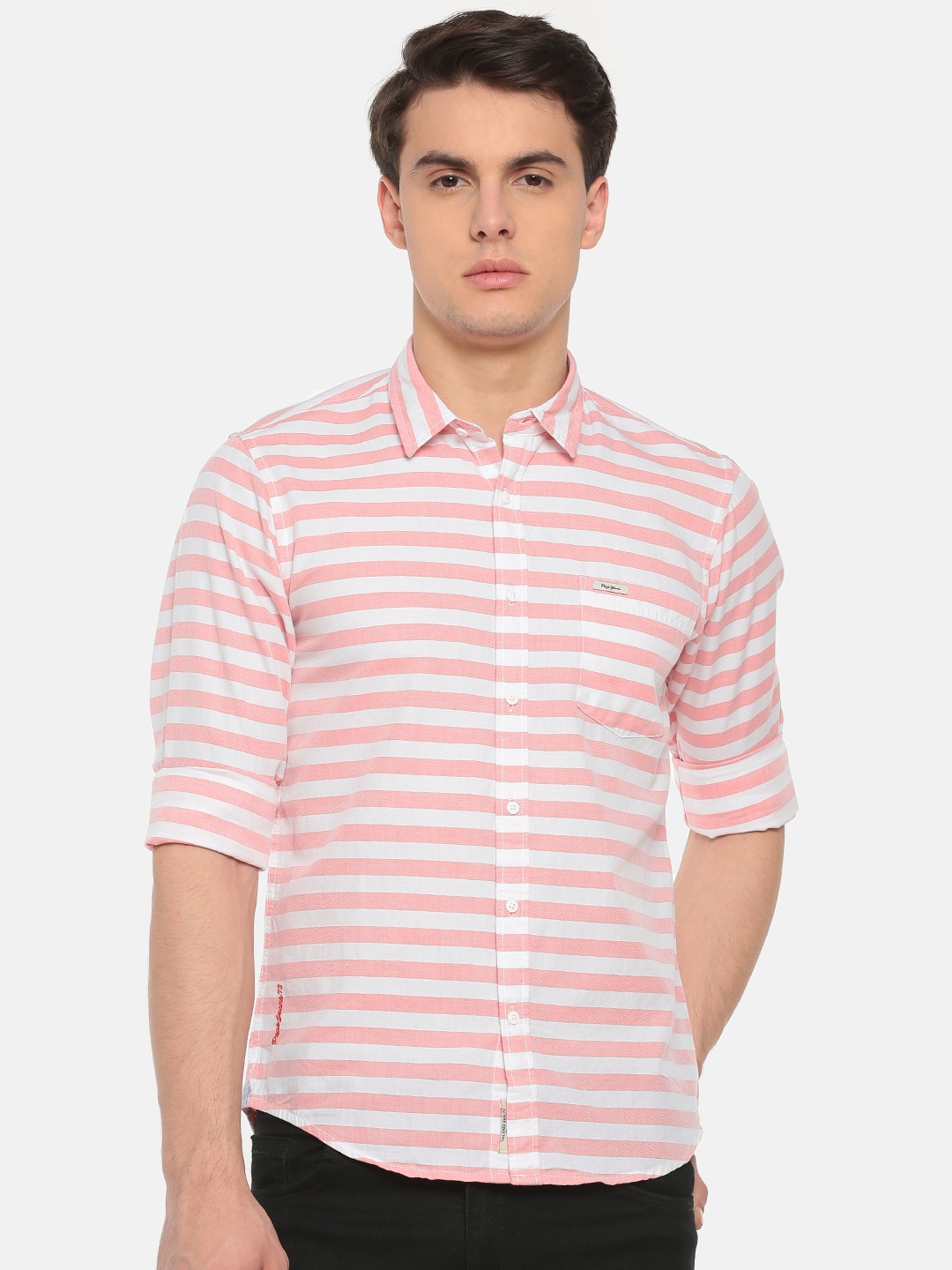 

Pepe Jeans Men Coral Pink & White Slim Fit Striped Casual Shirt