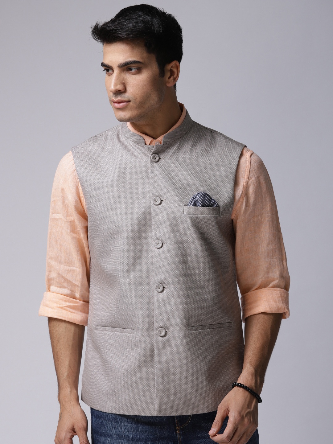 

True Blue Grey Woven Design Nehru Jacket