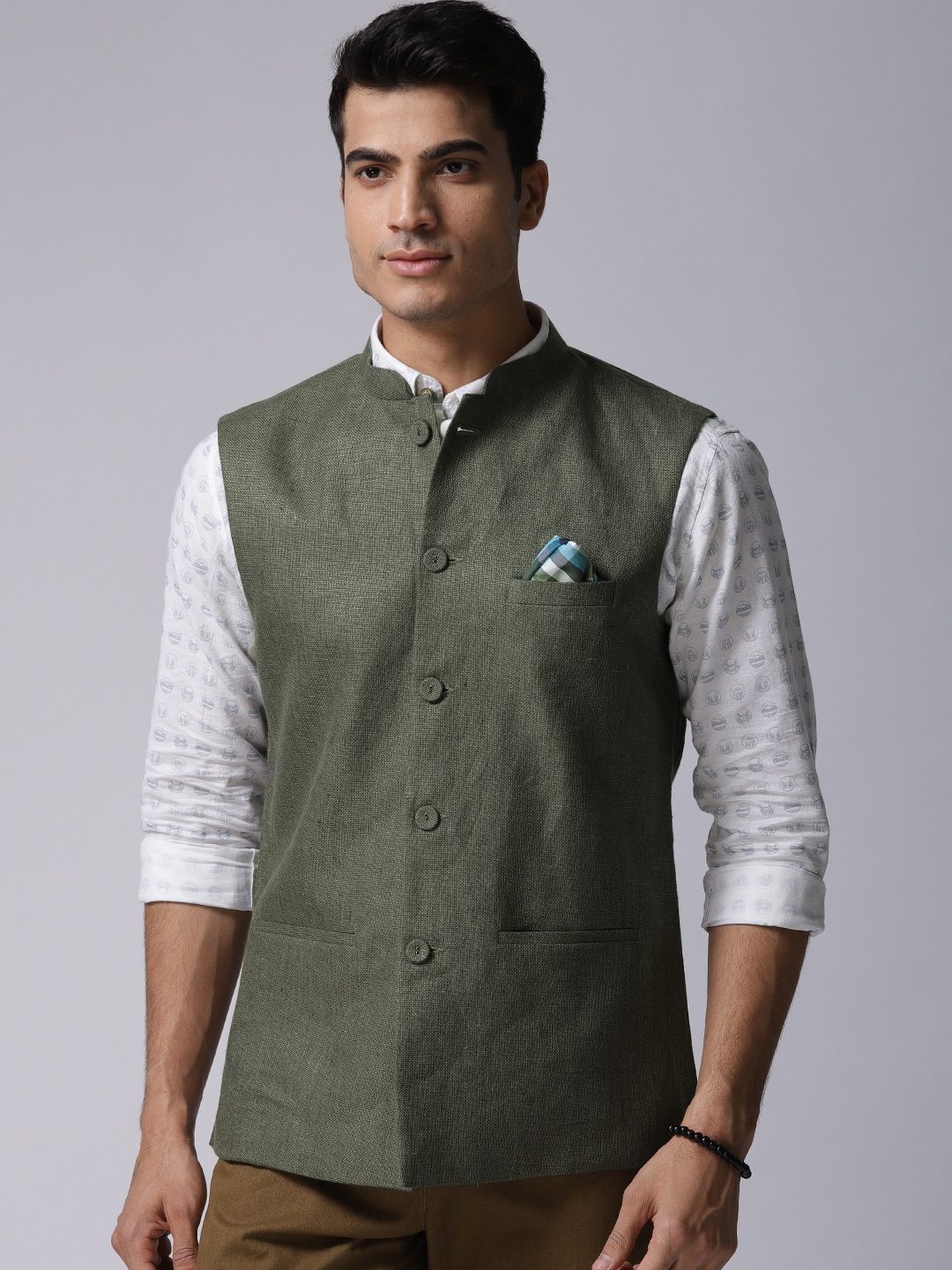 

True Blue Olive Green Woven Design Nehru Jacket