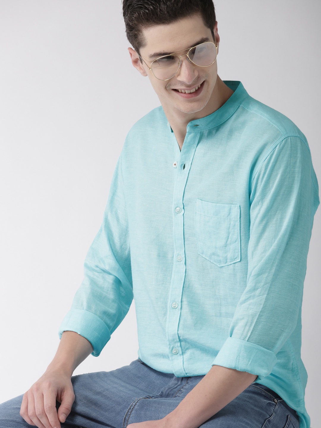 

Mast & Harbour Men Blue Slim Fit Solid Casual Cotton Linen Sustainable Shirt