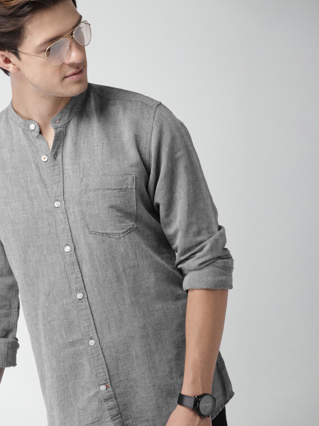 

Mast & Harbour Men Grey Slim Fit Solid Casual Cotton Linen Shirt