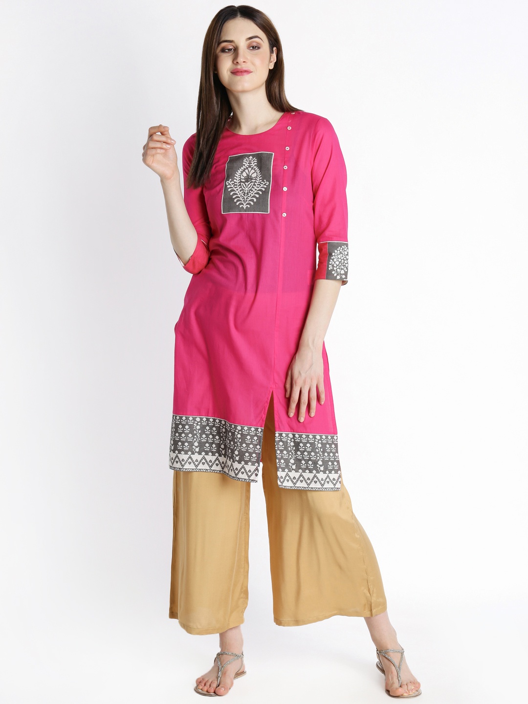 

RANGMANCH BY PANTALOONS Women Fuchsia Pink Yoke Design Straight Kurta