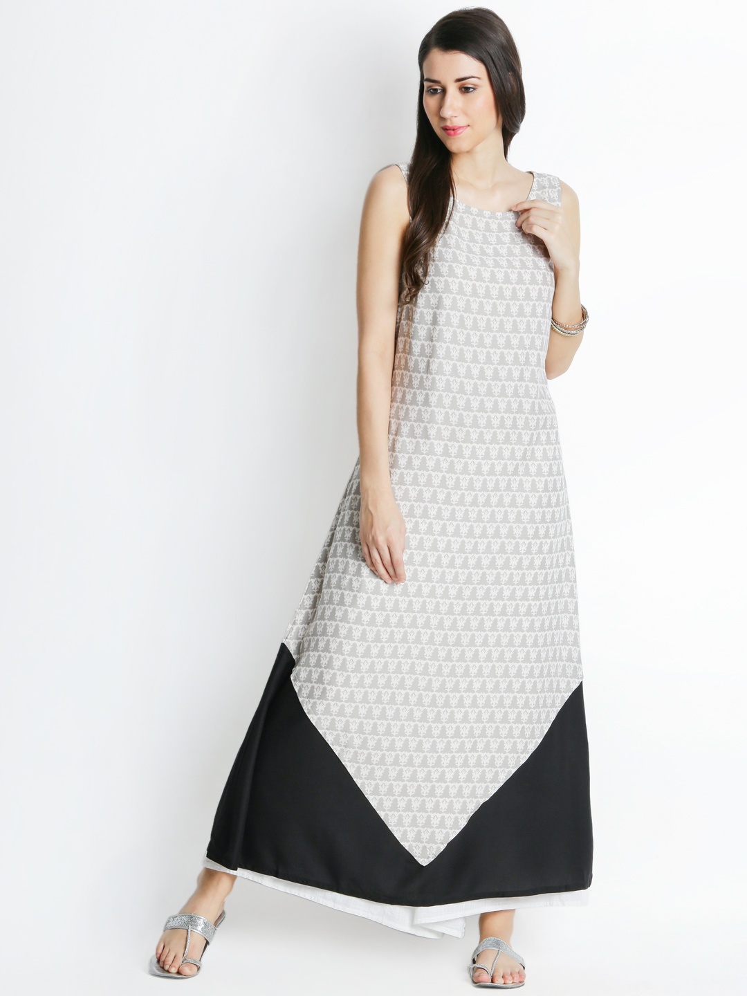 

RANGMANCH BY PANTALOONS Women Grey & White Woven Design A-Line Kurta