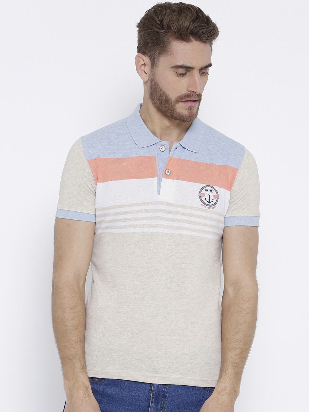 

Duke Men Beige Colourblocked Polo Collar T-shirt