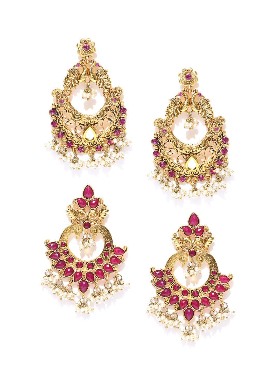 

Zaveri Pearls Set of 2 Pink Antique Gold-Plated Chandbalis