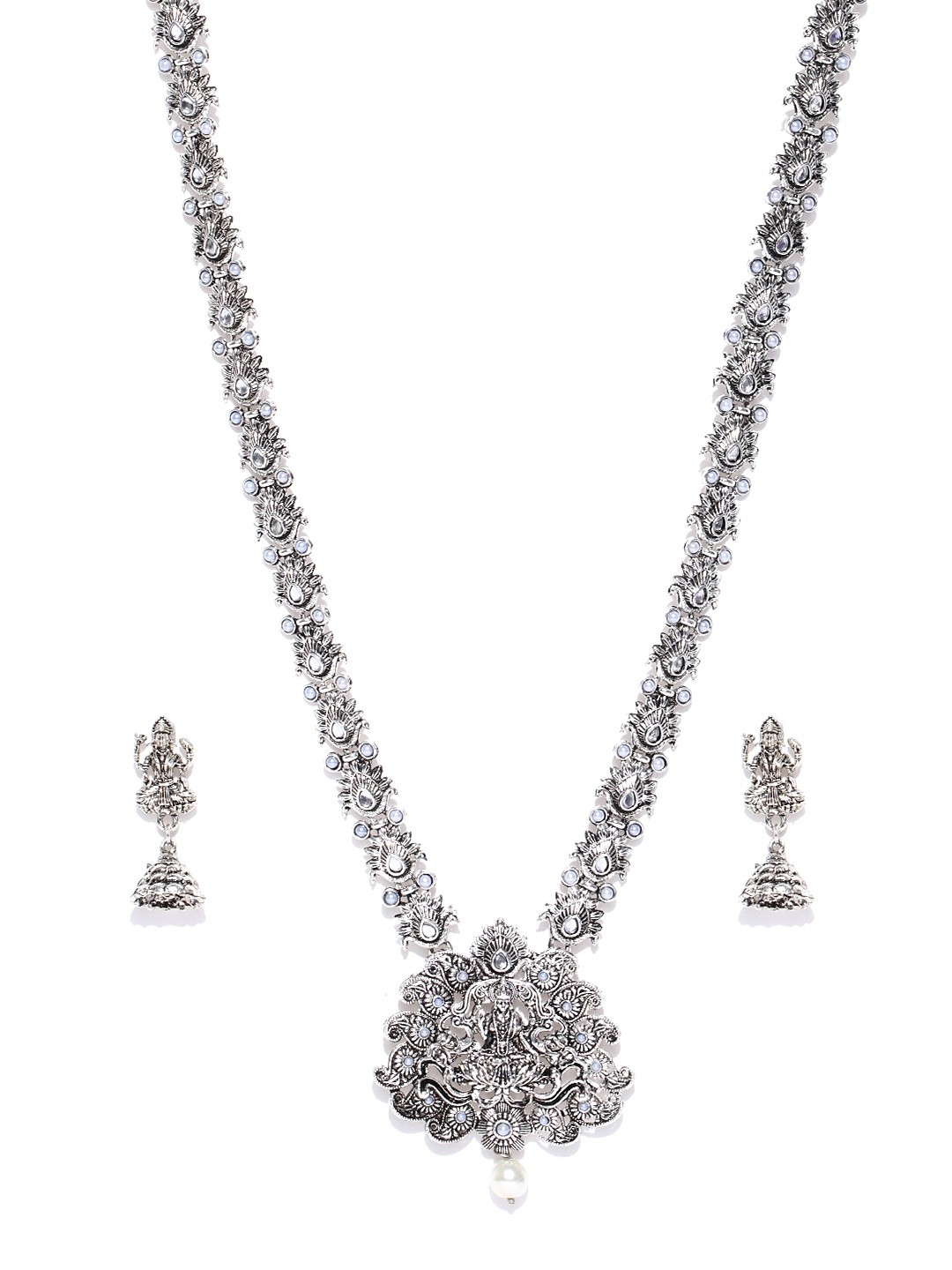 

Zaveri Pearls Oxidised Silver-Toned Stone-Studded Goddess Temple Jewellery Set