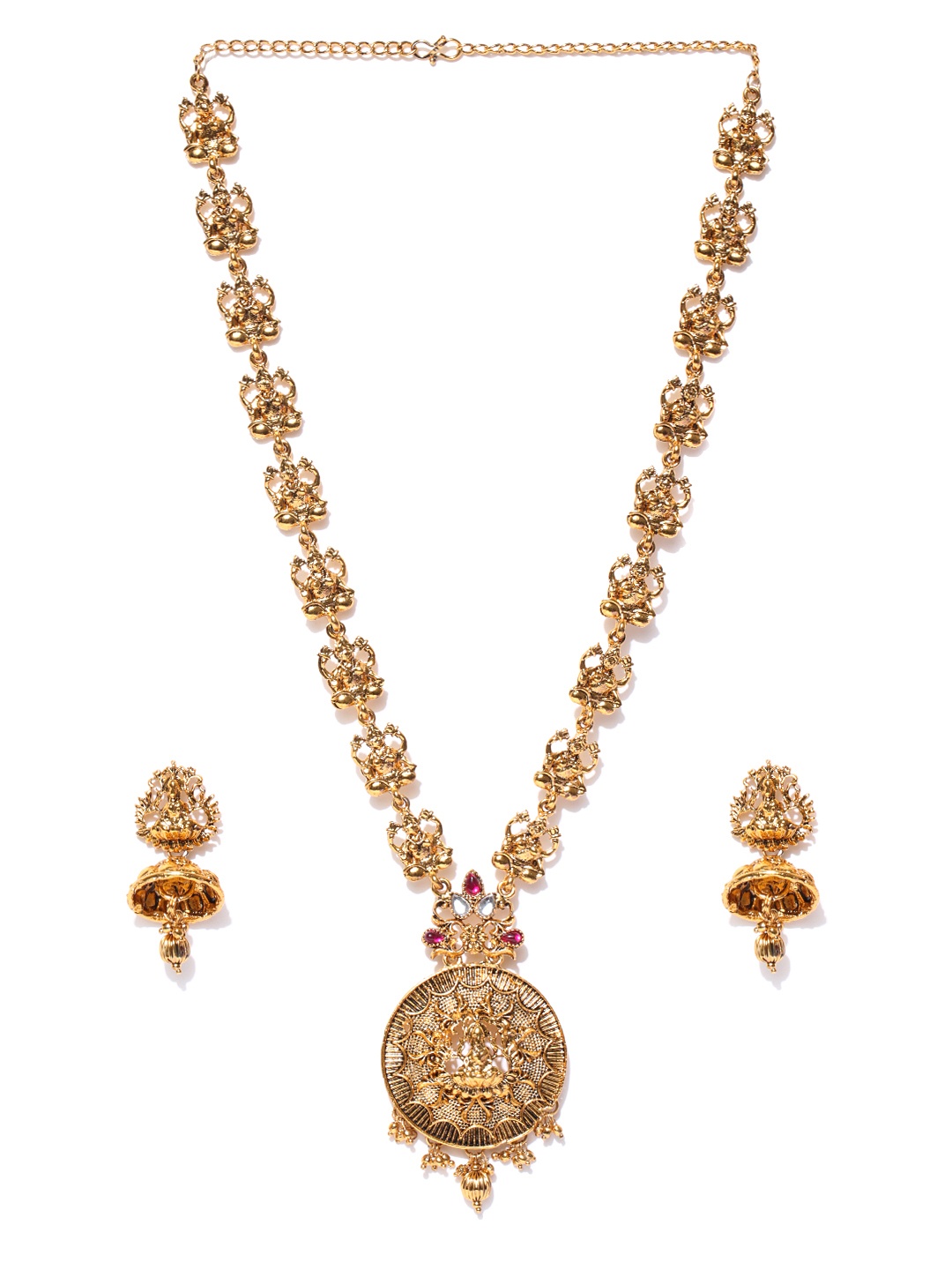 

Zaveri Pearls Antique Gold-Toned Stone-Studded Goddess Temple Jewellery Set