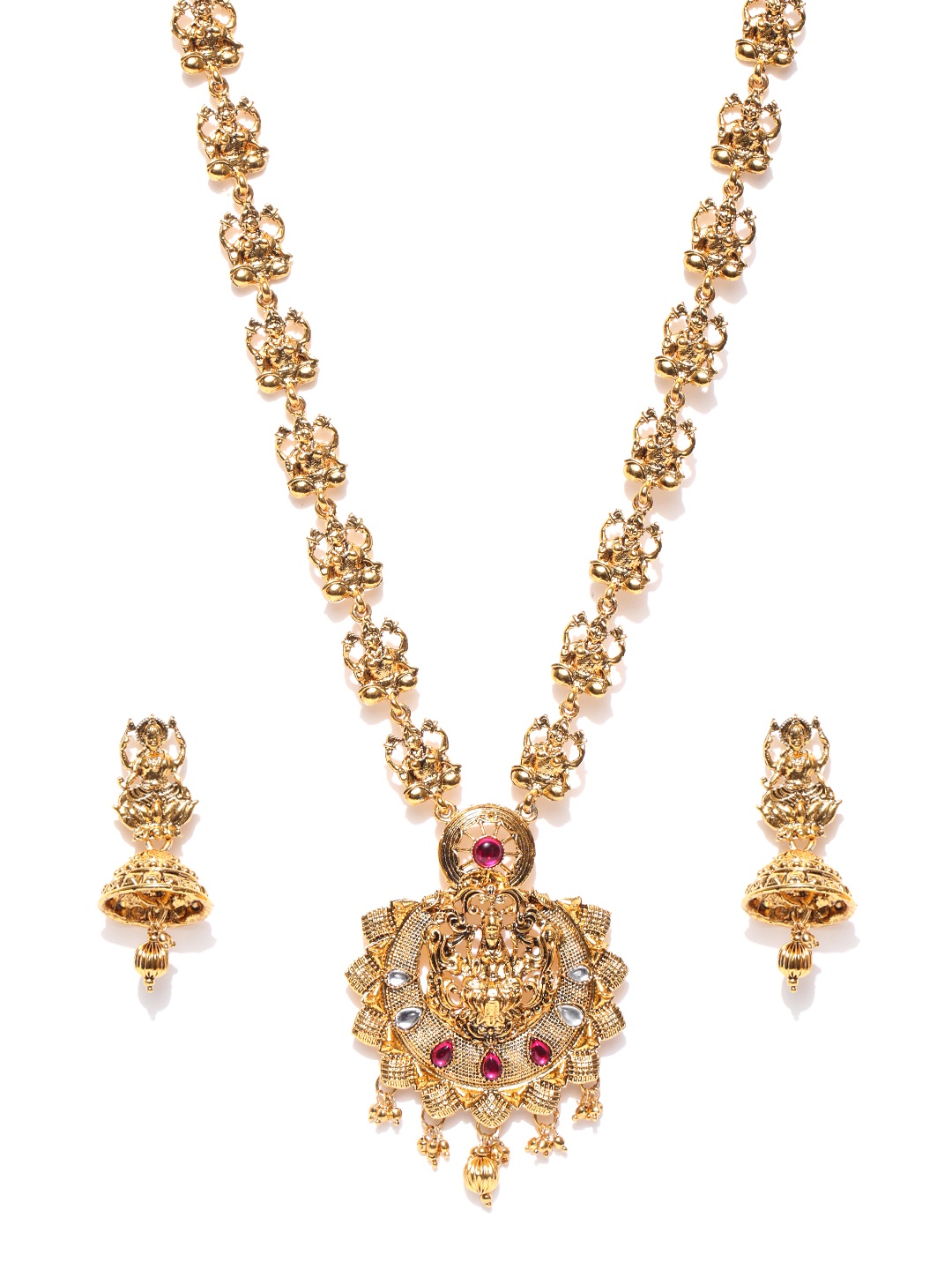 

Zaveri Pearls Antique Gold-Toned Stone-Studded Goddess Temple Jewellery Set