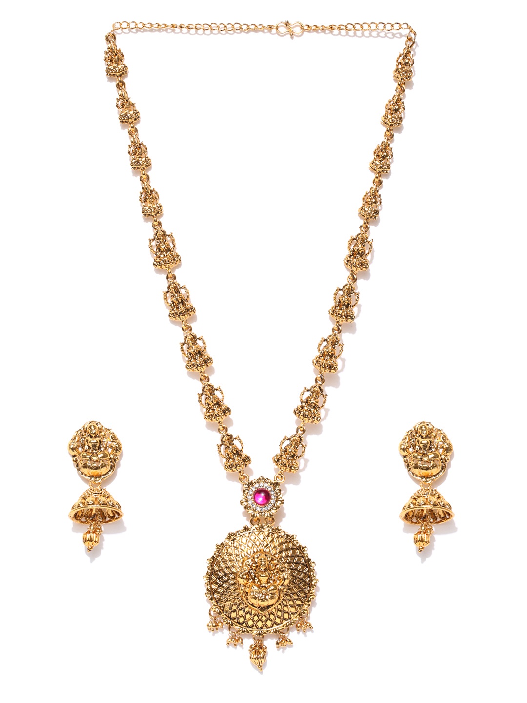 

Zaveri Pearls Antique Gold-Toned Stone-Studded Goddess Temple Jewellery Set