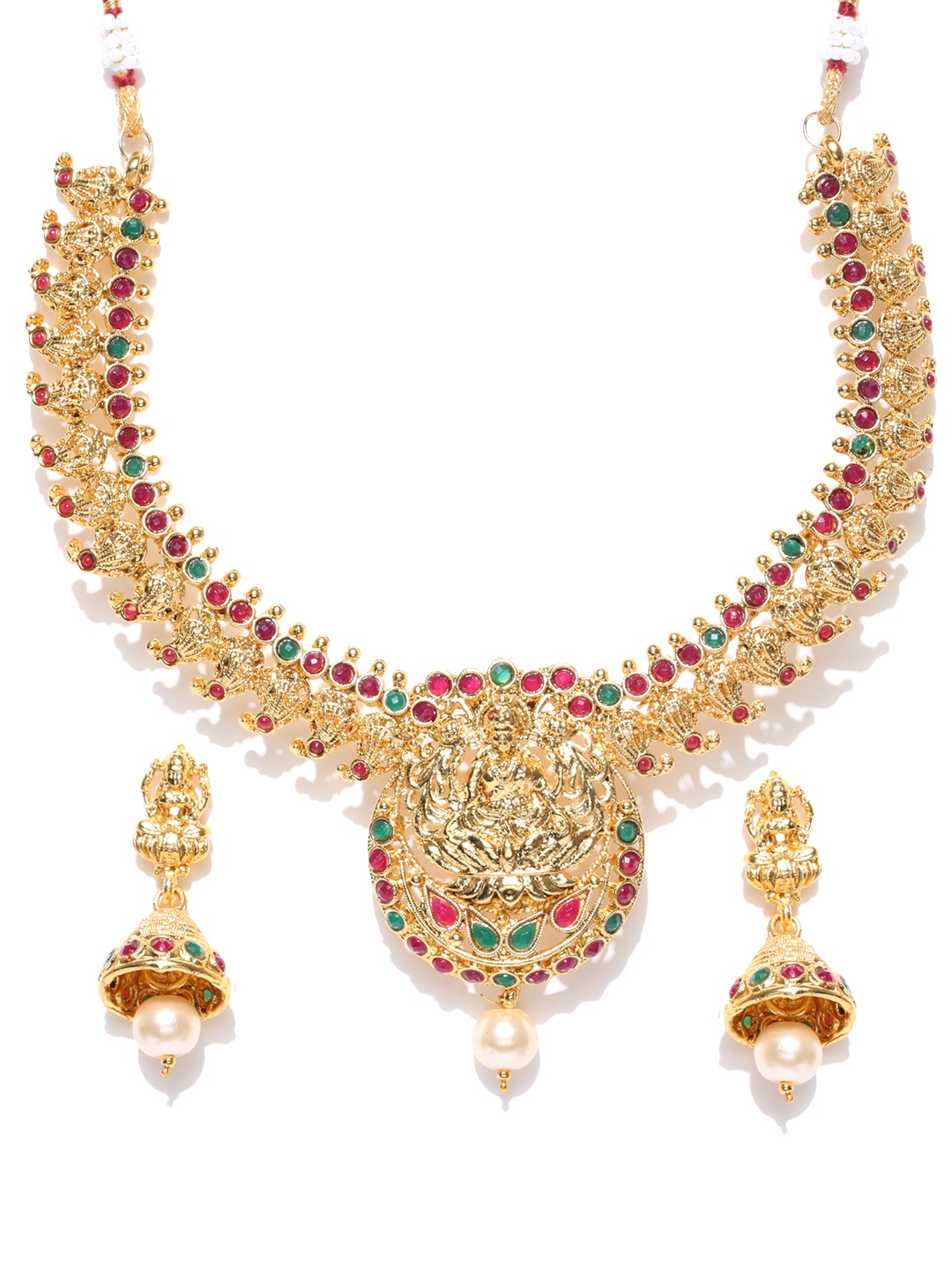 

Zaveri Pearls Gold-Toned & Red Goddess Lakshmi Stone-Studded Choker Jewellery Set