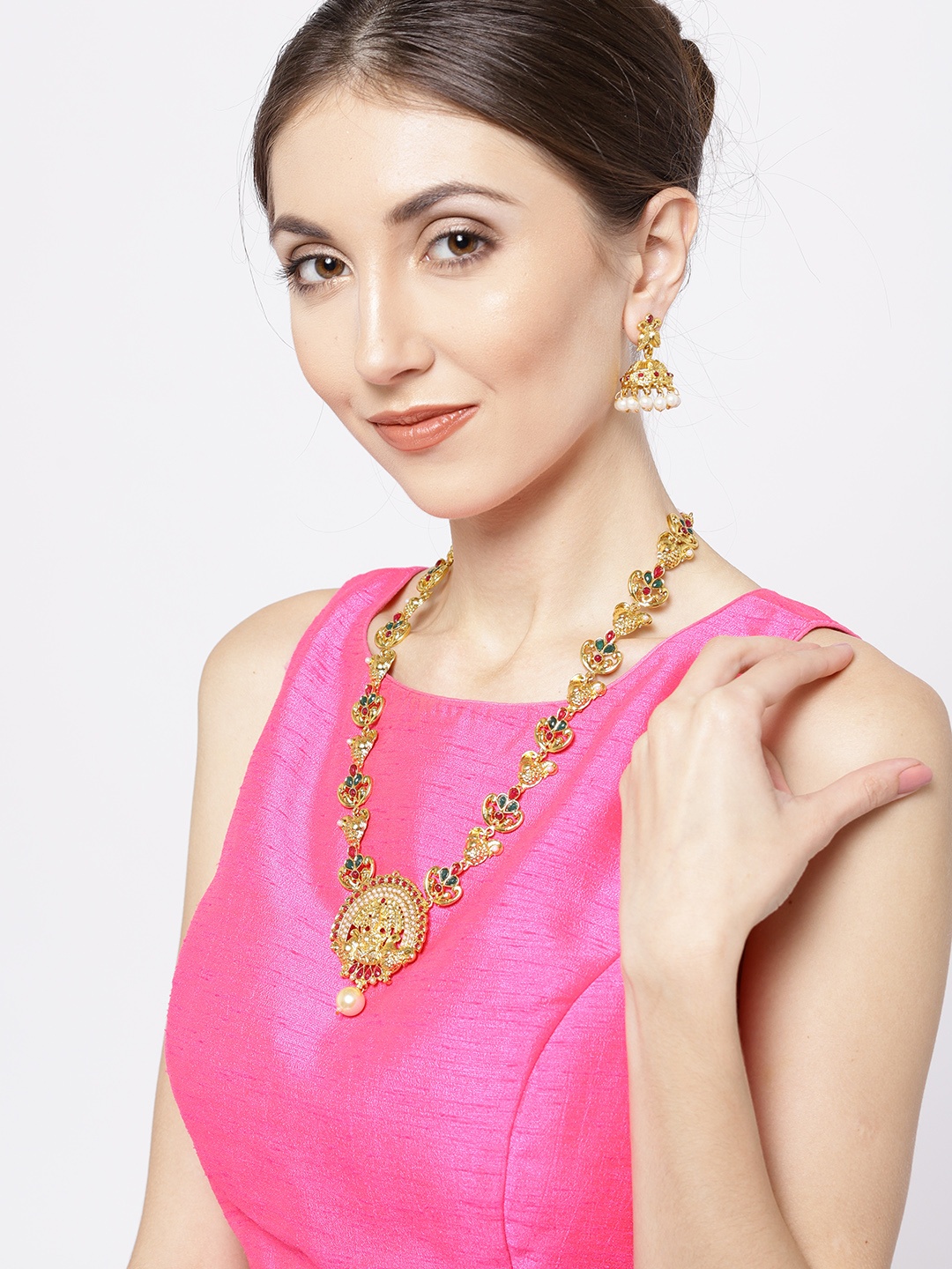 

Zaveri Pearls Gold-Toned & Red Goddess Lakshmi Stone-Studded Jewellery Set