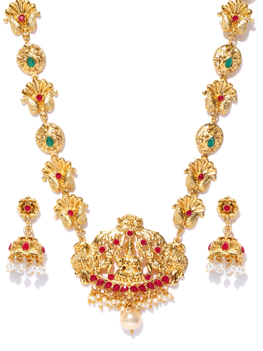 

Zaveri Pearls Gold-Toned & Red Goddess Lakshmi Stone-Studded Jewellery Set
