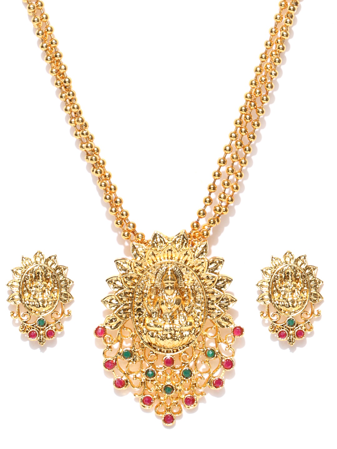 

Zaveri Pearls Gold-Toned Goddess Lakshmi Textured Stone-Studded Jewellery Set