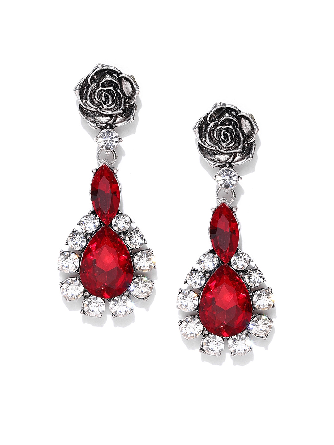 

Jewels Galaxy Oxidised Silver-Toned & Red Luxuria Rhodium-Plated Handcrafted Drop Earrings