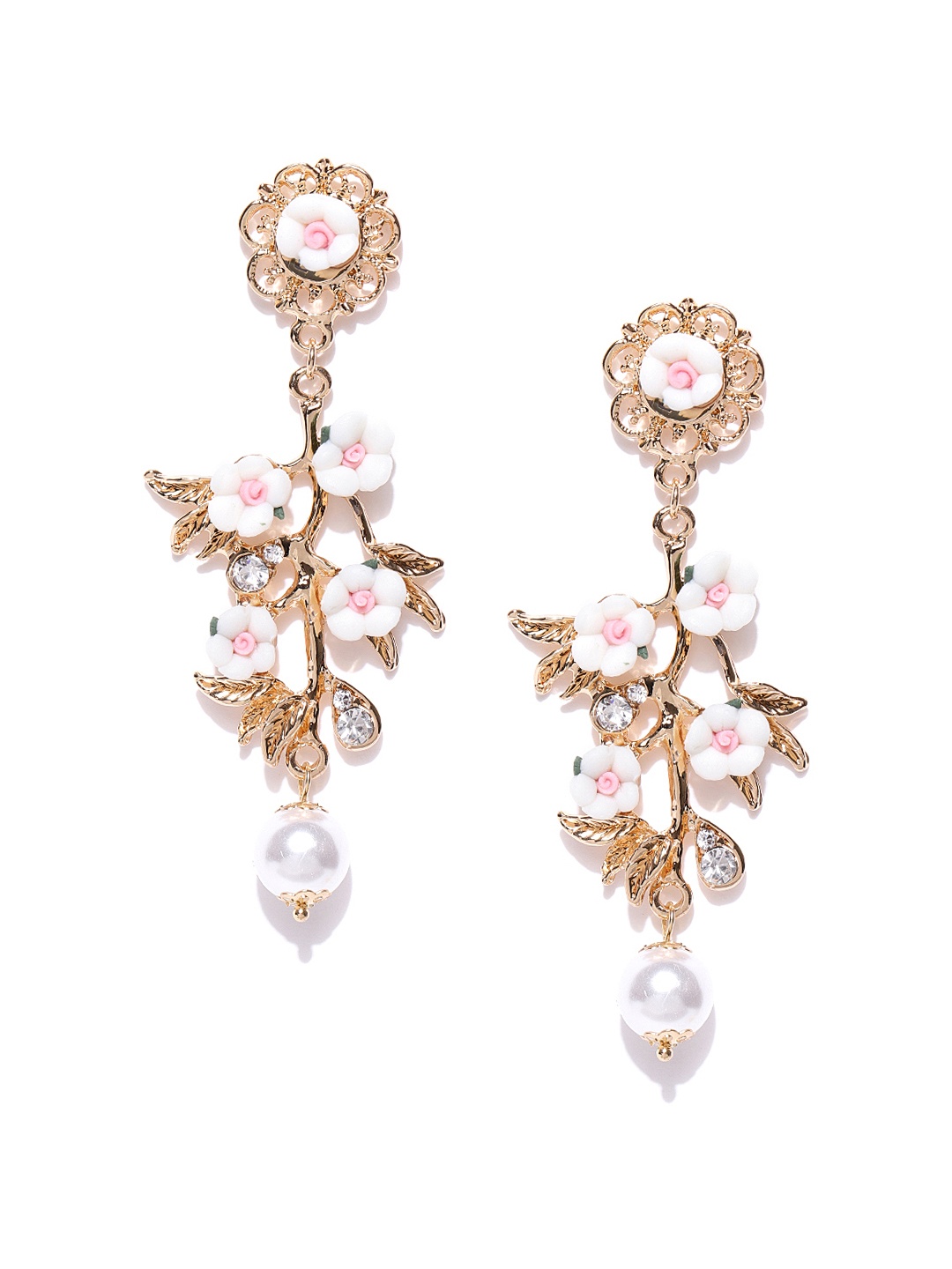 

Jewels Galaxy White Luxuria Gold-Plated Handcrafted Floral Drop Earrings