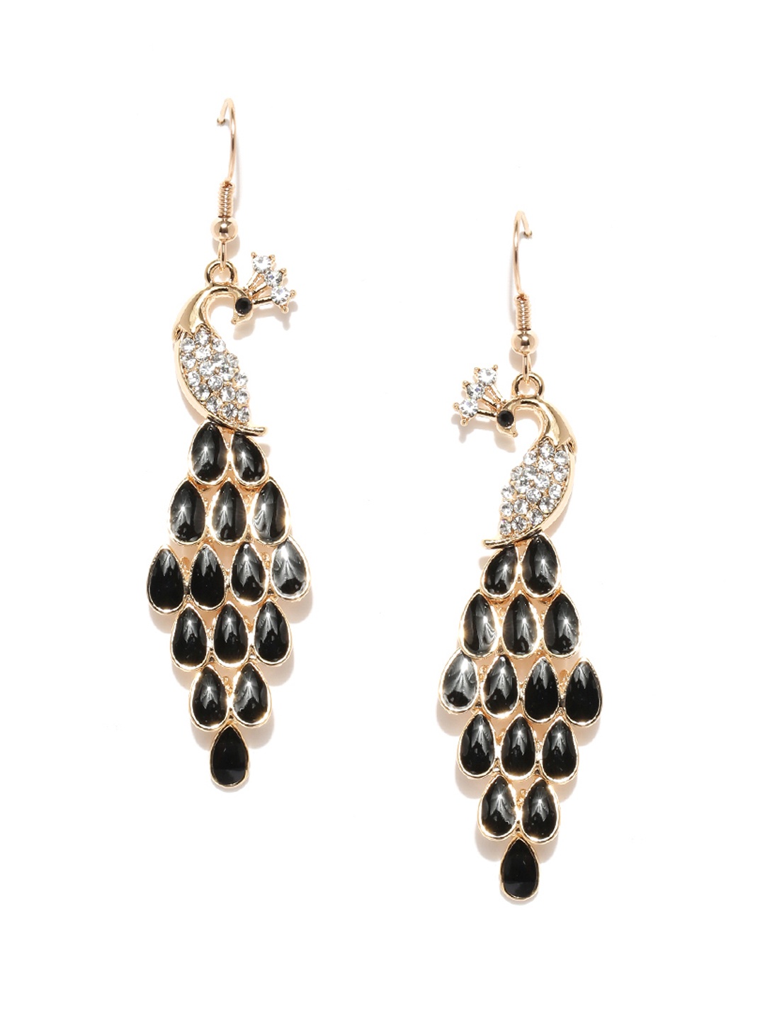 

Jewels Galaxy Black Gold-Plated Handcrafted Peacock Shaped Drop Earrings