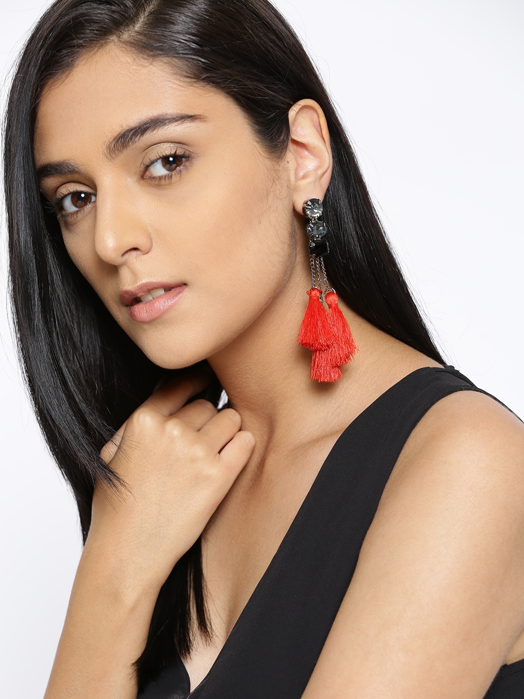 

Jewels Galaxy Red & Charcoal Grey Luxuria Handcrafted Geometric Drop Earrings