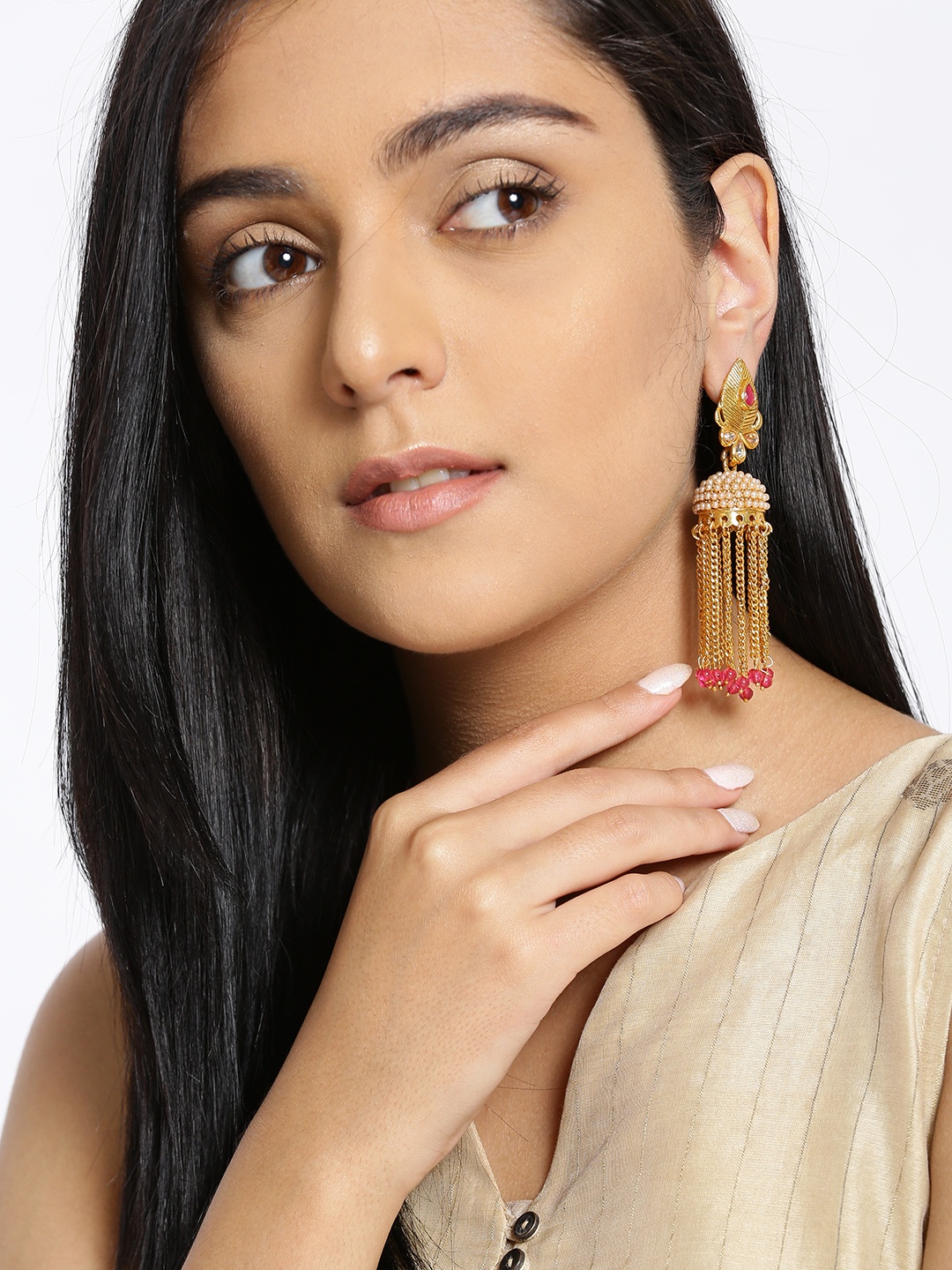 

Jewels Galaxy Pink Gold-Plated Handcrafted Beaded Tasselled Dome Shaped Jhumkas
