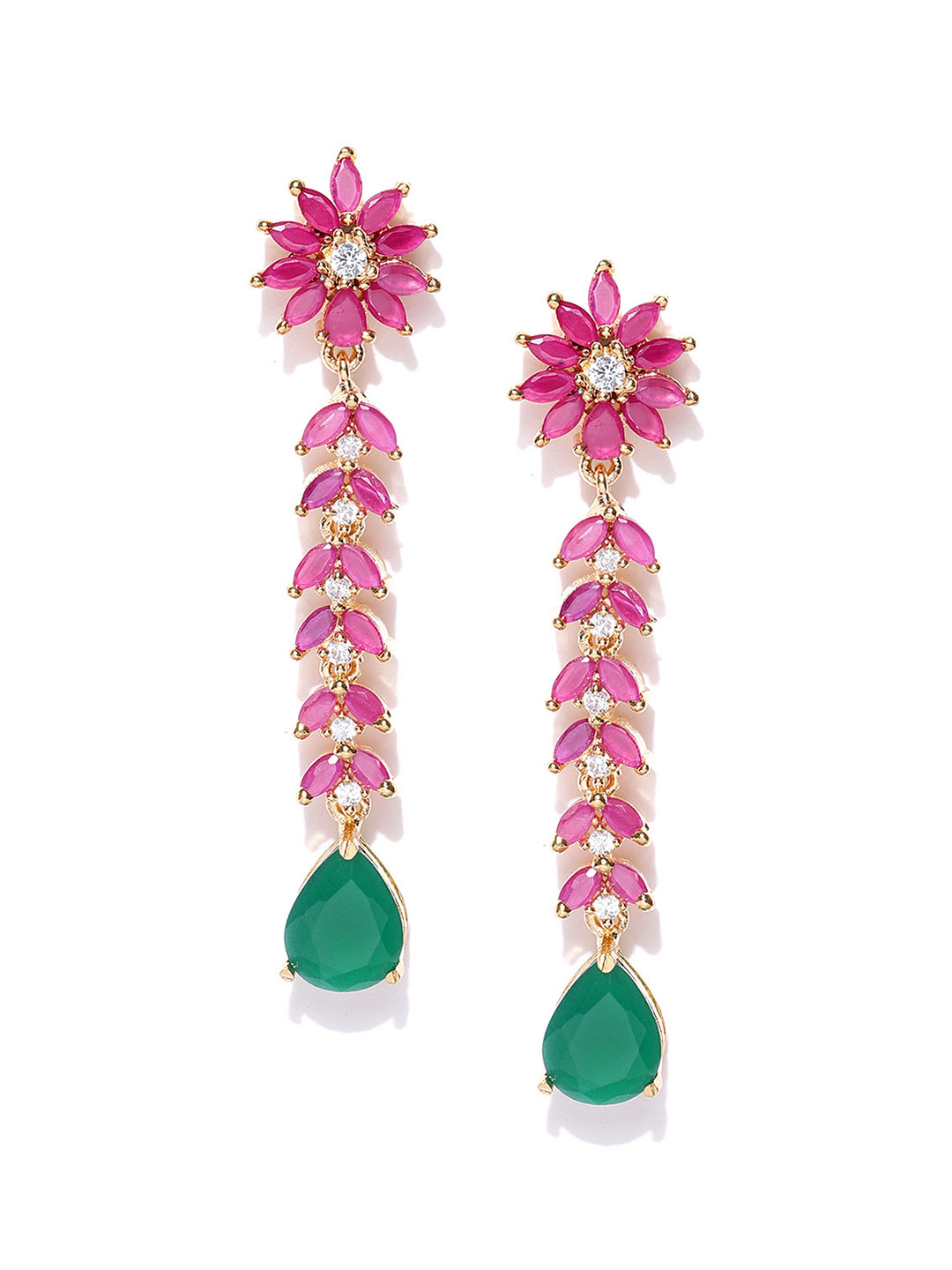 

Jewels Galaxy Pink & Green Gold-Plated Stone-Studded Handcrafted Floral Drop Earrings