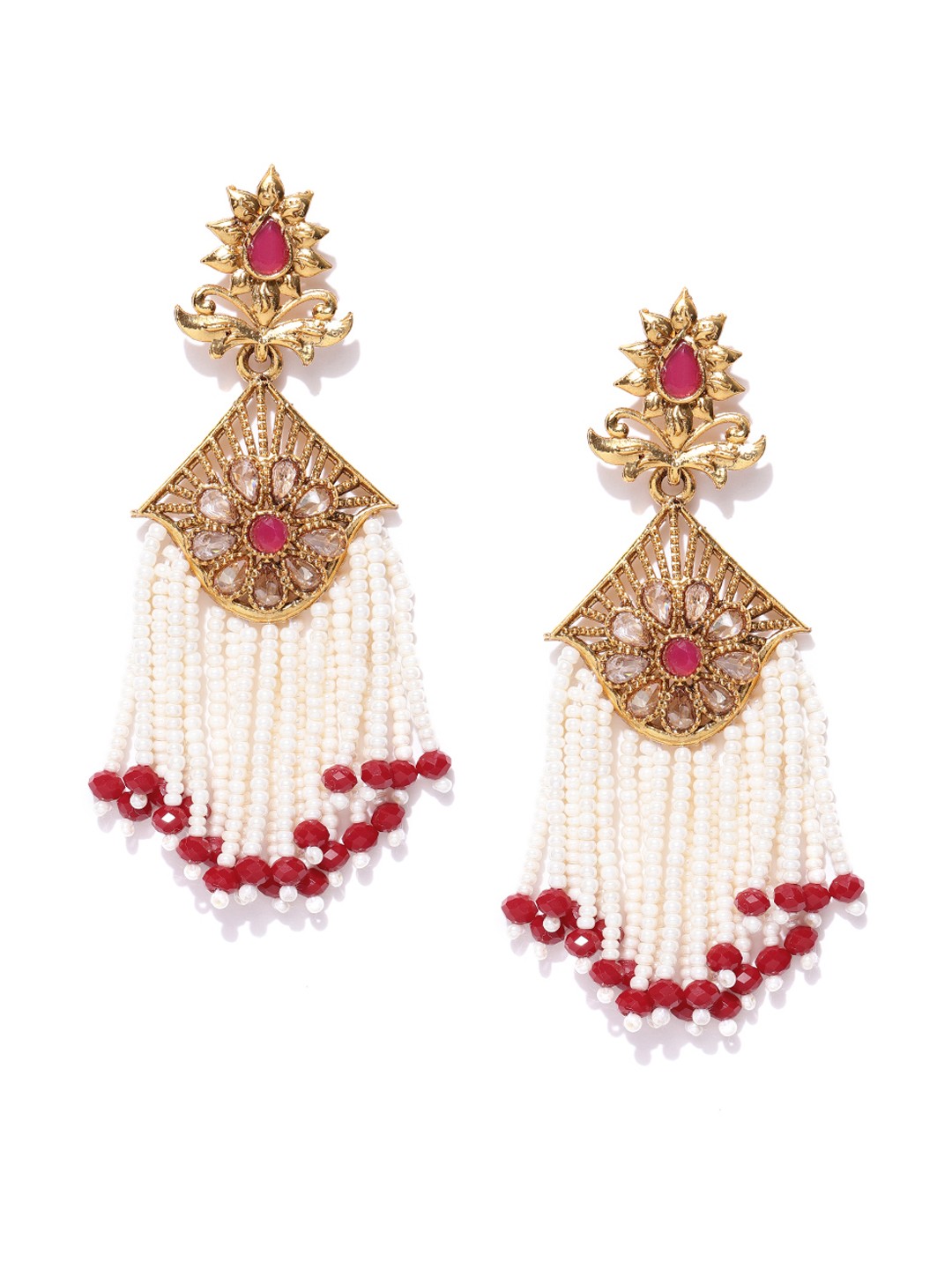

Jewels Galaxy Off-White & Red Gold-Plated Beaded Handcrafted Drop Earrings