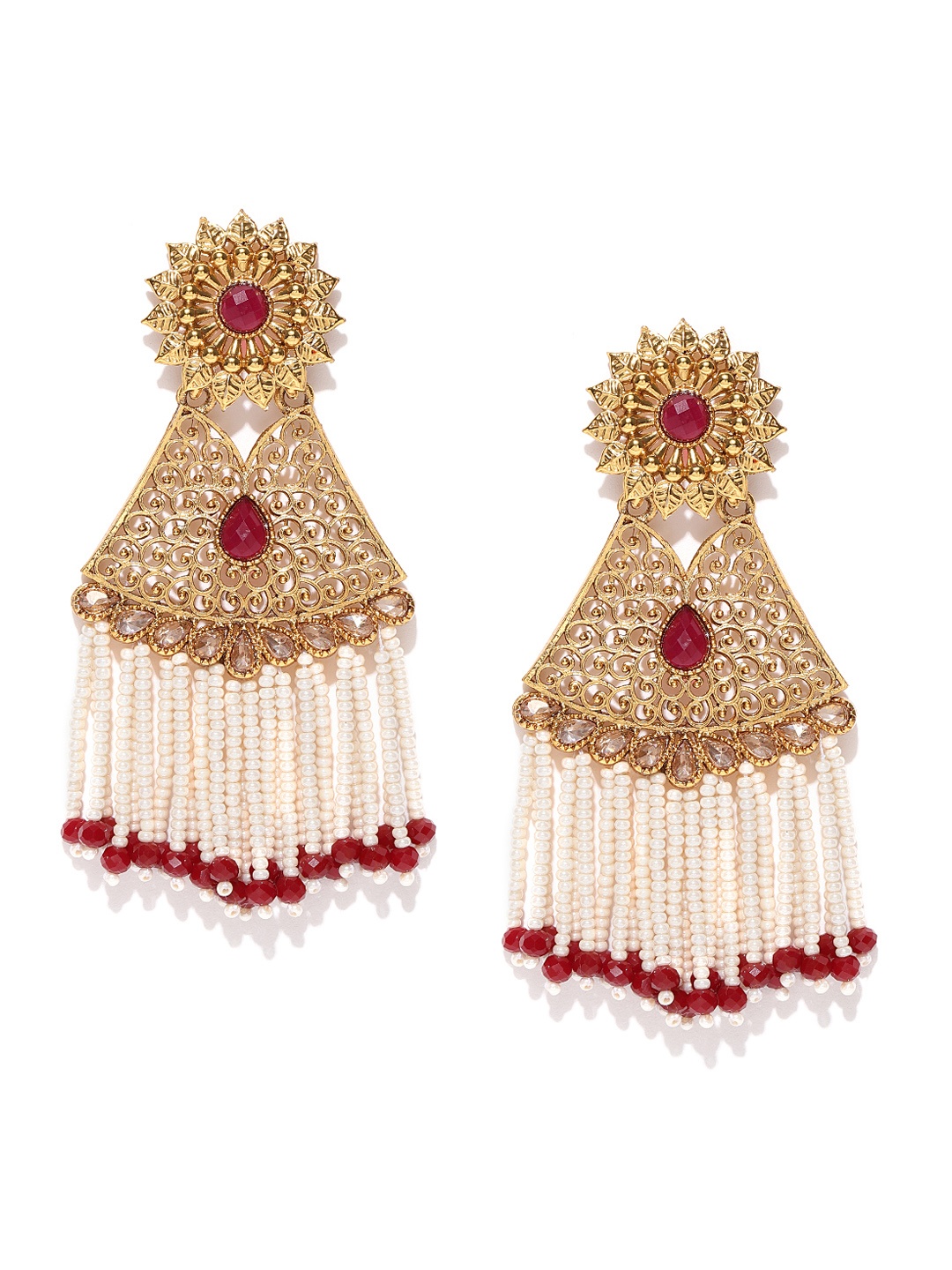 

Jewels Galaxy Off-White & Maroon Gold-Plated Handcrafted Classic Drop Earrings