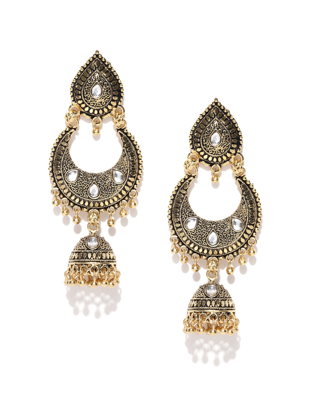 

Jewels Galaxy Antique Gold-Plated Handcrafted Crescent Shaped Jhumkas