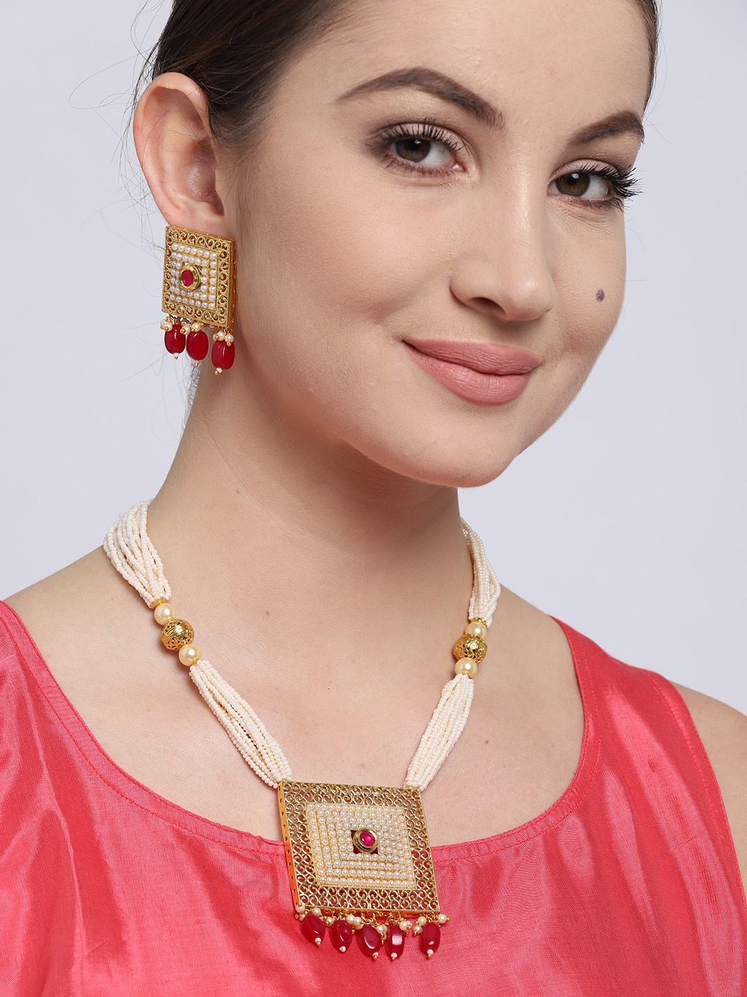 

Jewel Galaxy Gold-Toned & Off-White Square Beaded Jewellery Set