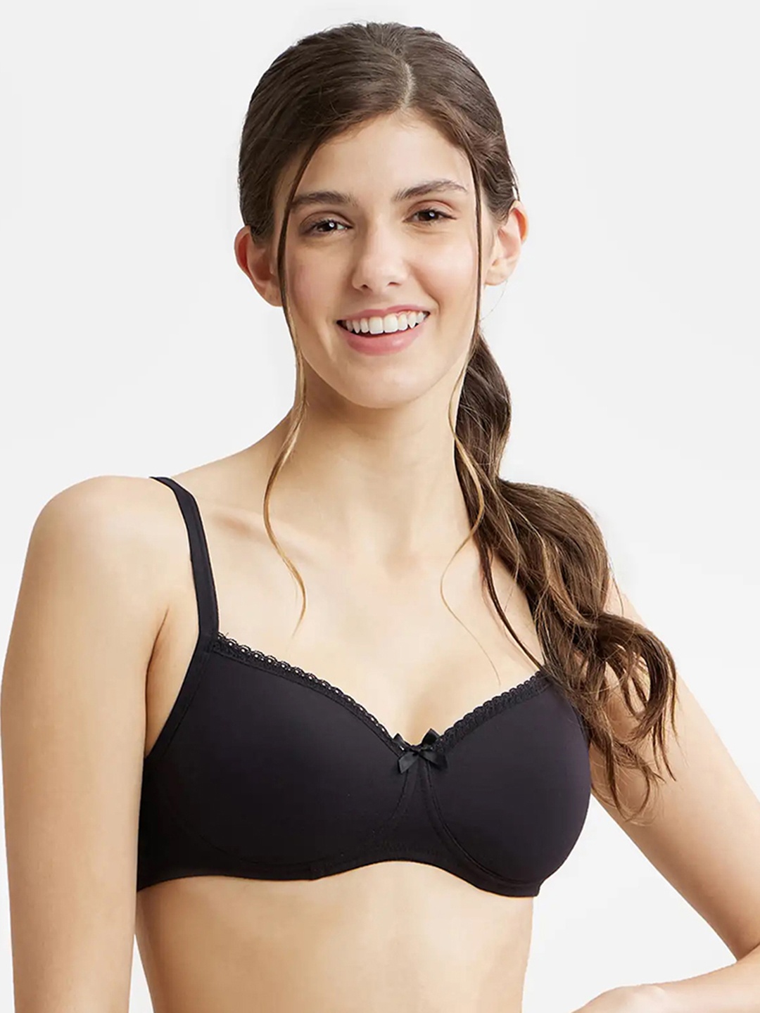 

Jockey Wirefree Padded Plus Size Cotton Medium Coverage Tshirt Bra with Lace Styling -1723, Black