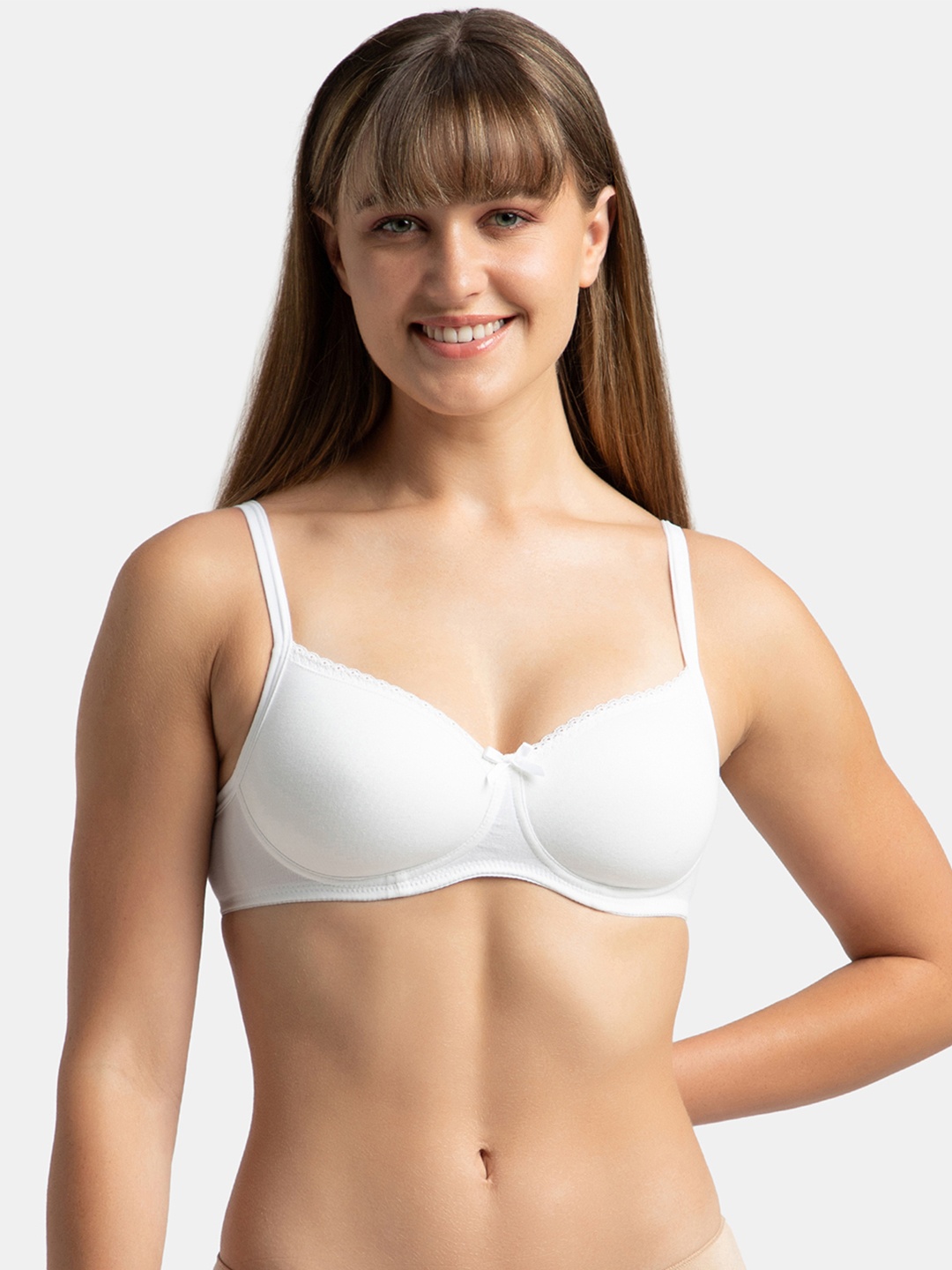 

Jockey Wirefree Padded Plus Size Cotton Medium Coverage Tshirt Bra with Lace Styling -1723, White