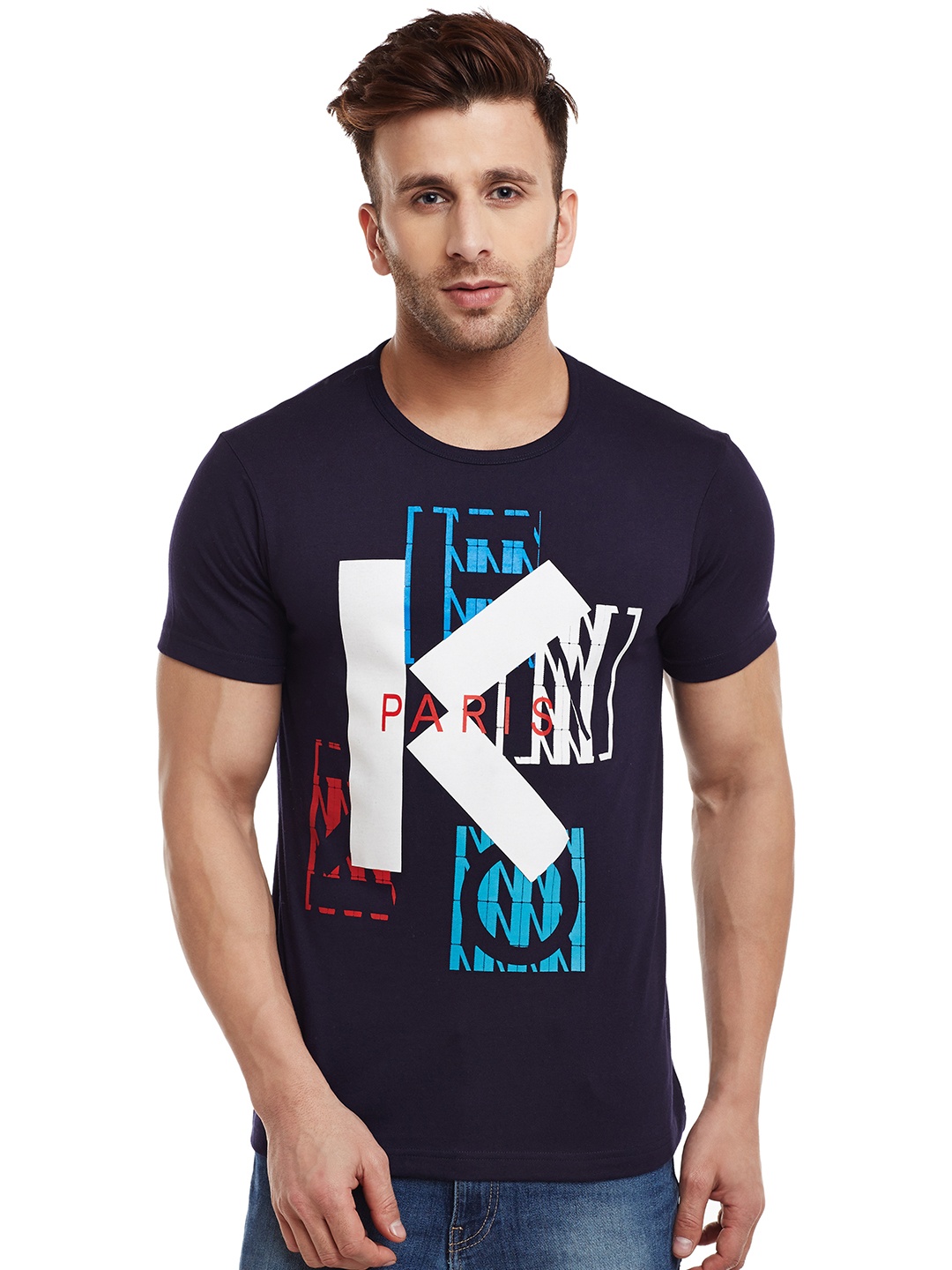 

VIMAL Men Pack of 2 Printed Round Neck T-shirts, Navy blue